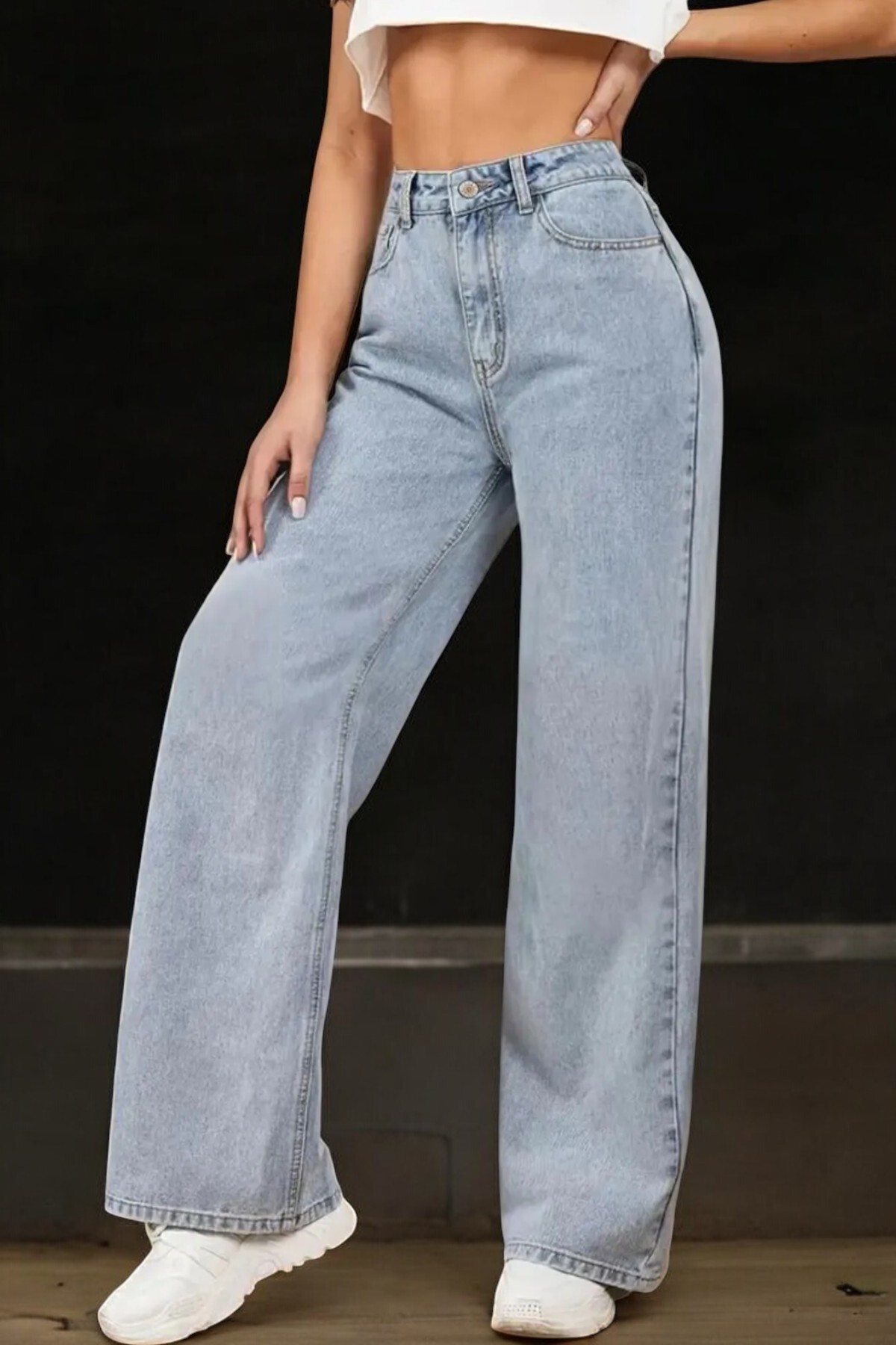 byhaziran butik  Genç Kız Açık Mavi Kar Yıkama Yüksek Bel Likralı Rahat 90's Salaş Paça Jeans