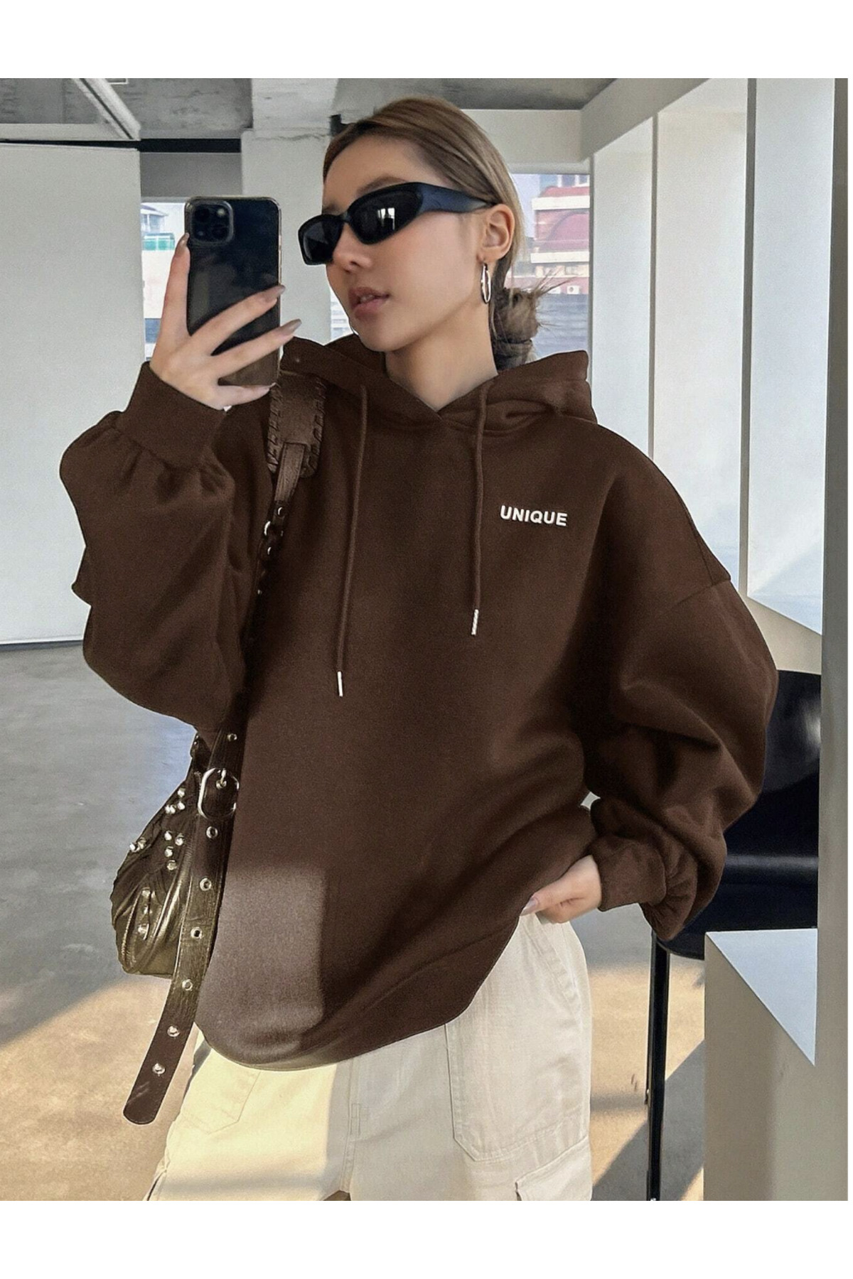 COHERENT Unisex Kadın/Erkek UNIQUE Özel Baskılı Renkli Oversize KAPÜŞONLU Pamuklu Sweatshirt görsel 5