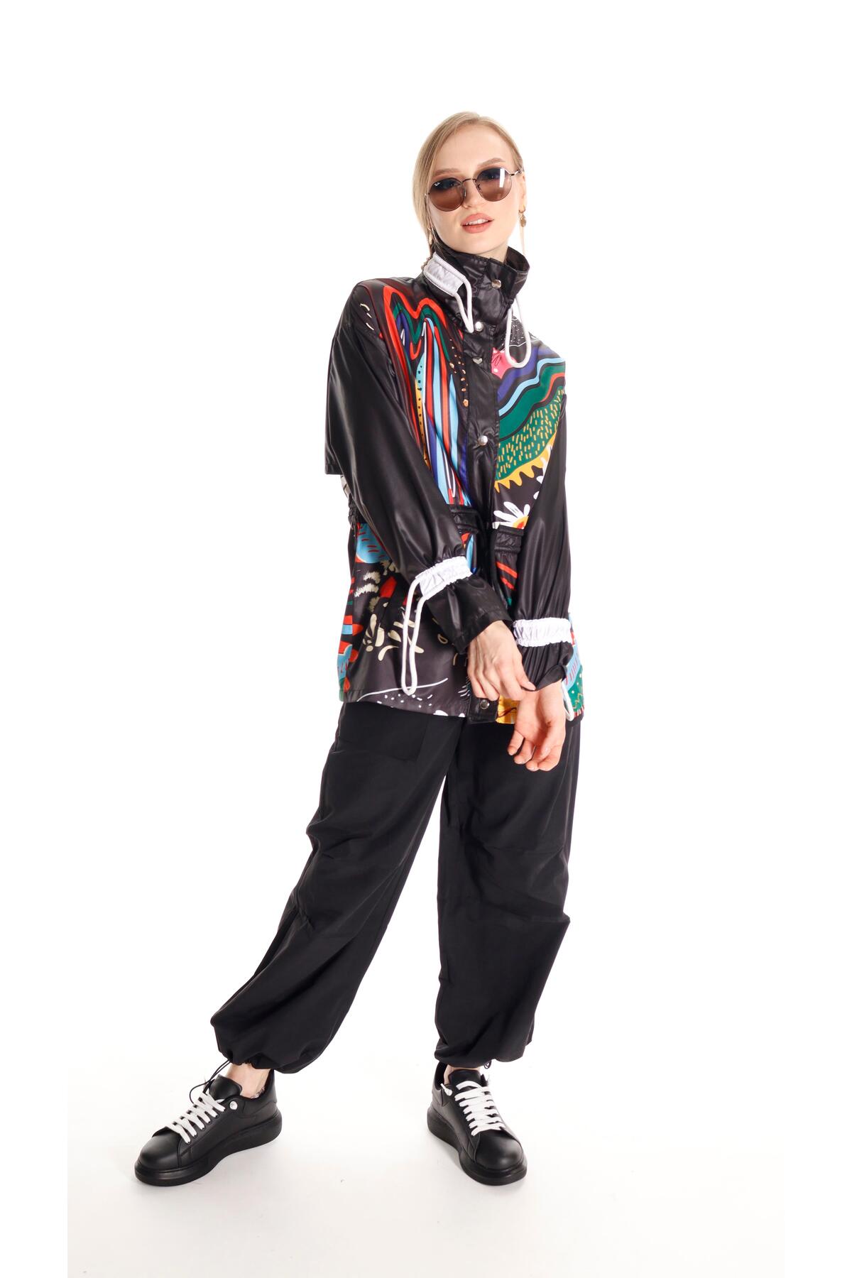 shE tekstil  Baskılı Tasarım Papatyalı Yağmurluk Siyah - Görsel 2