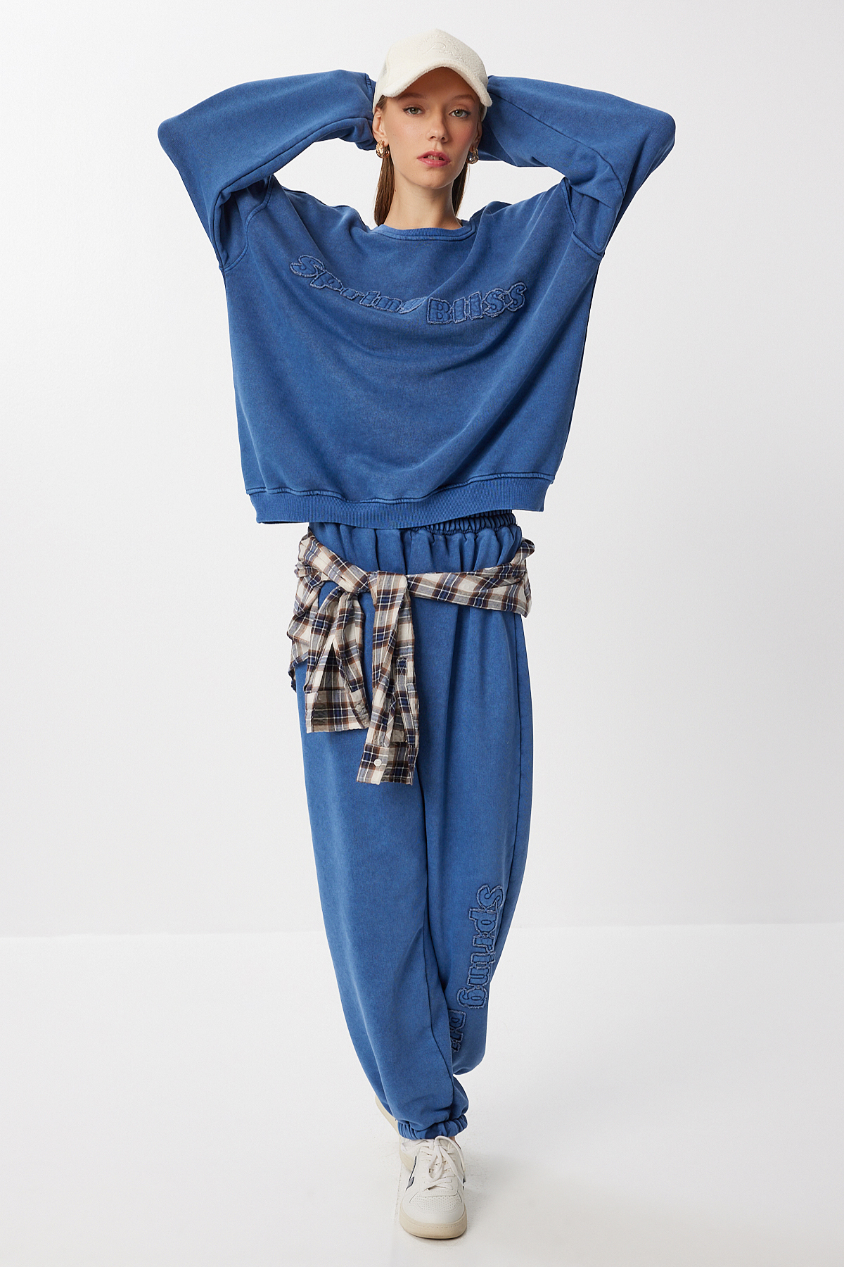 Embossed Slogan Knitted Bottom-Top Set LRG0042 INDIGO BLUE