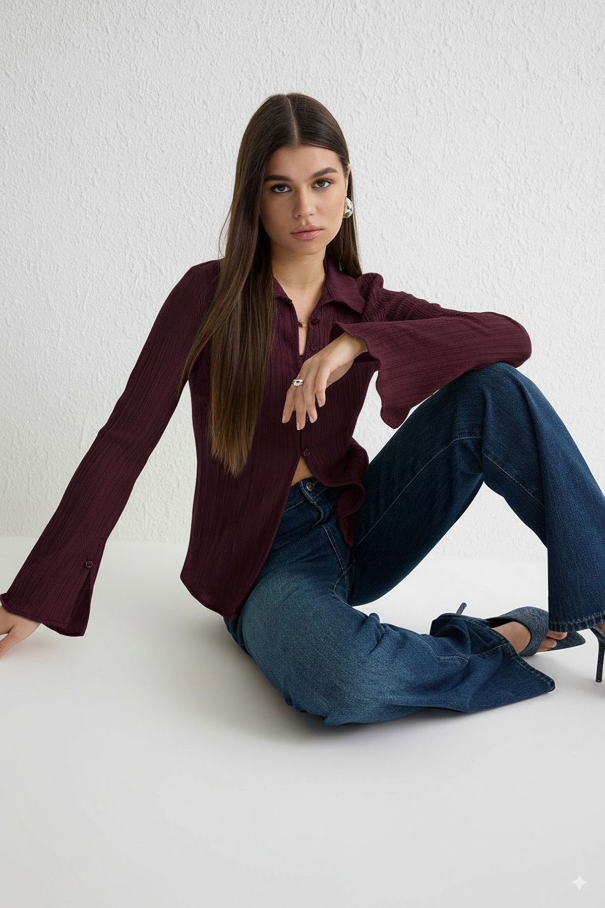 Trendyolmilla  Mürdüm Dokulu Fitted Bele Oturan Dokuma Gömlek TWOSS24GO00002 - Görsel 2