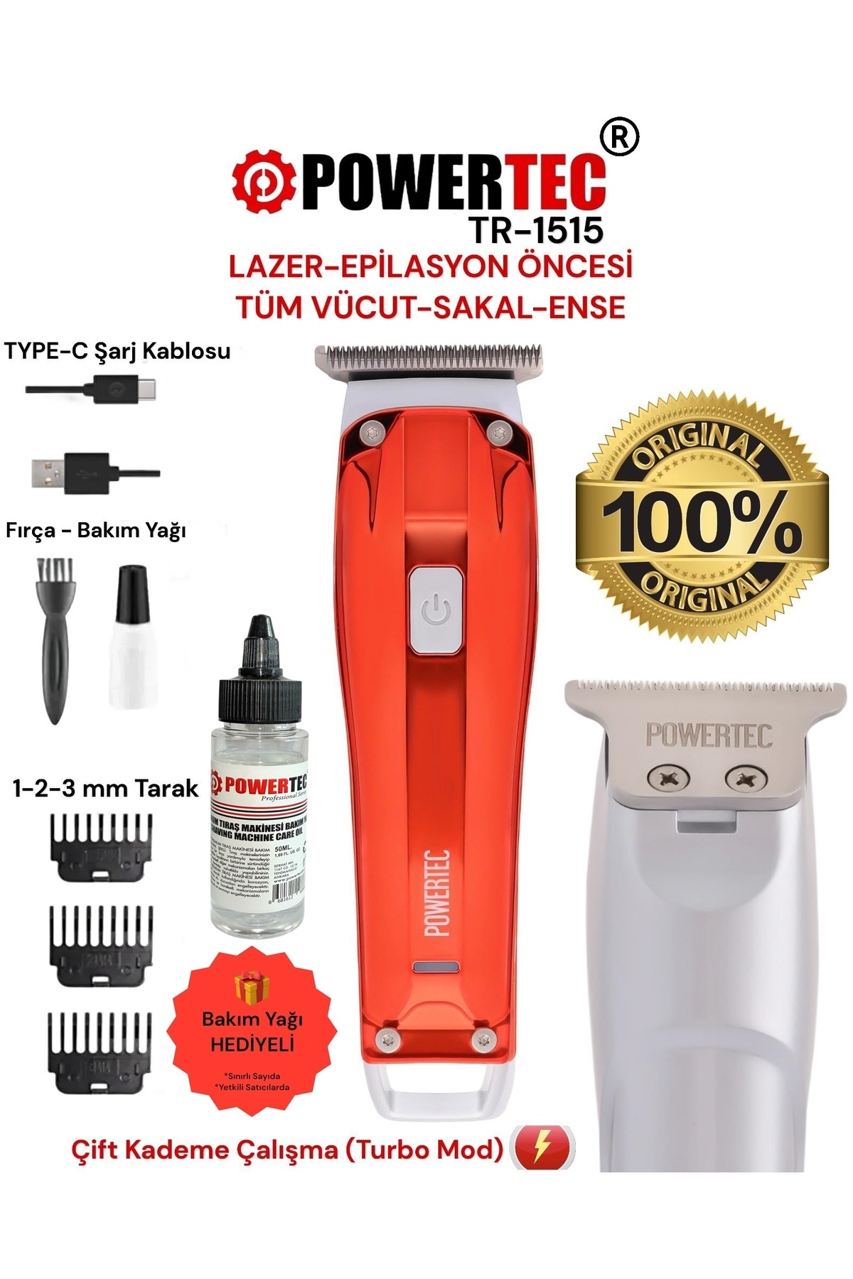 POWERTEC TR-1515 Lazer-Epilasyon Öncesi Tüm Vücut Tıraş Makinesi Sakal-Ense-Vücut