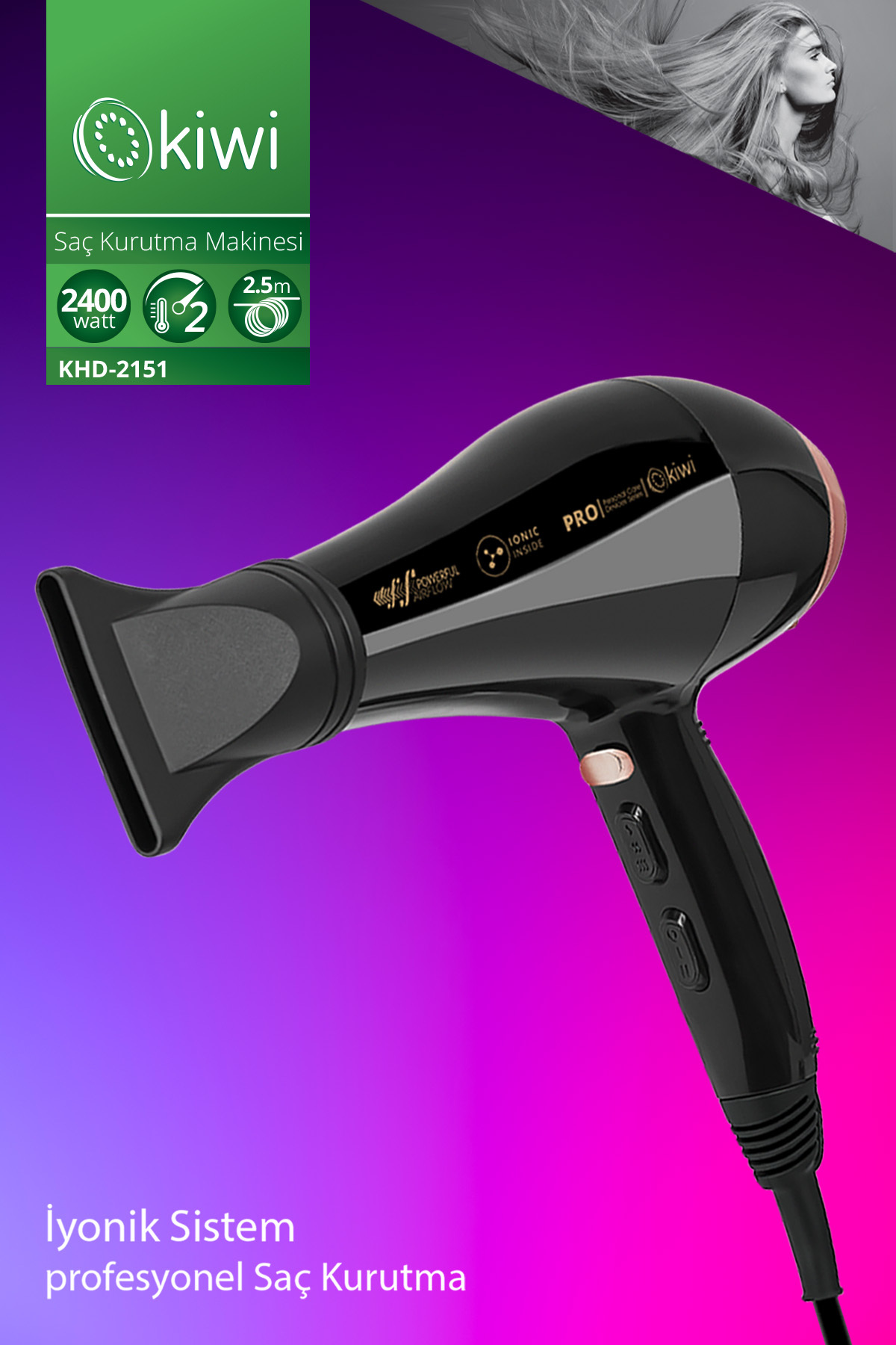 Kiwi Khd-2151 Profesyonel İyonik 2,5 Metre Kablolu Saç Kurutma Makinesi