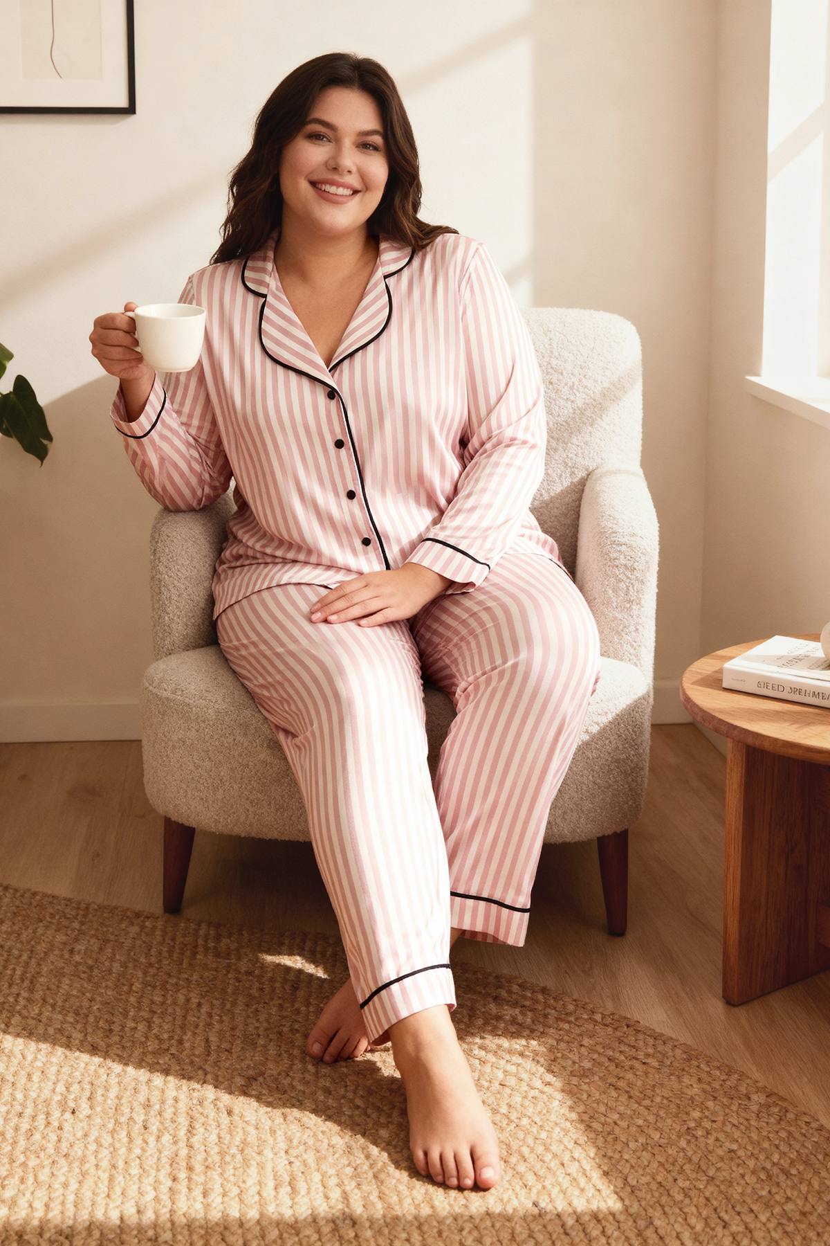 Trendyol Curve Fleece-Pyjama-Set - Hemd und Hose TBBAW25AI00028: Rosa Linienm...