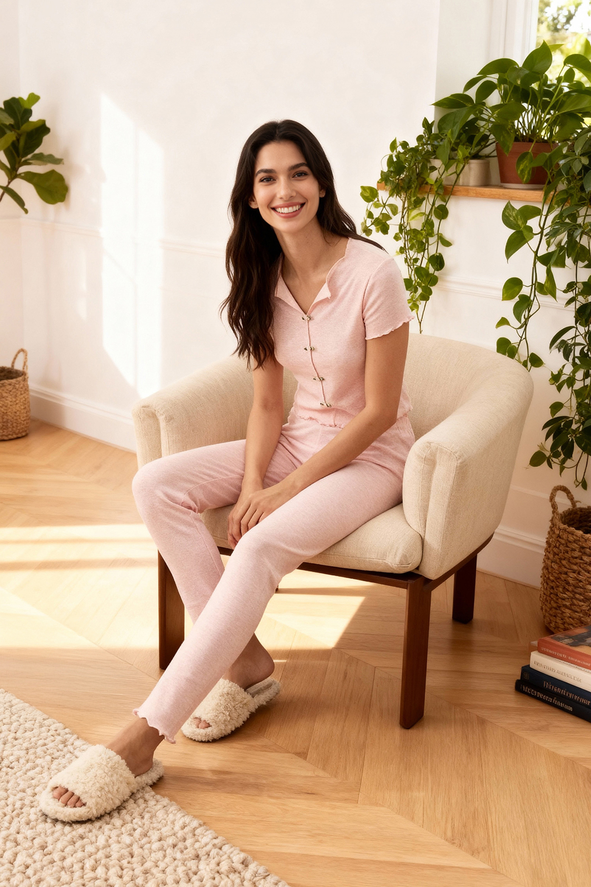 Trendyolmilla  Pembe Yaka ve Baby Overlok Detaylı Çiçek Aksesuarlı Fitilli Örme Pijama Takımı THMAW26PT00068