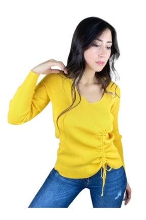 Kadın V Yaka Büzgü Bağlamalı Şık Sarı Triko Bluz YYHLL8