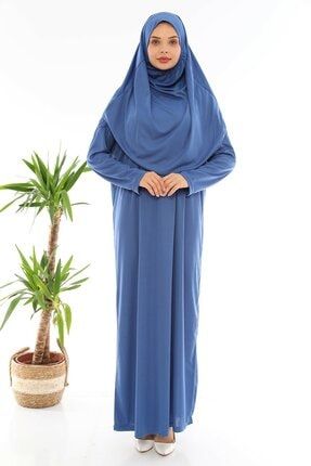 Kolay Giyilebilen Tek Parça Namaz Elbisesi Indigo Mavi 5259