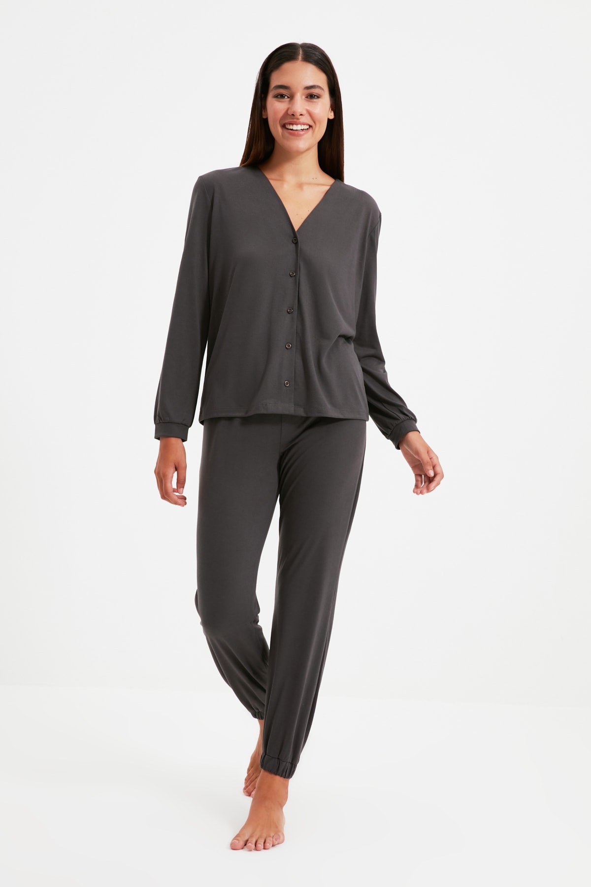 Trendyolmilla  Antrasit %100 Pamuklu Gömlek-Jogger Örme Pijama Takımı THMAW21PT0632 - Görsel 3