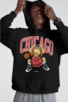 Erkek Siyah Chicago Basket Kapüşonlu Kalın Sweatshirt 1K4XM385AS