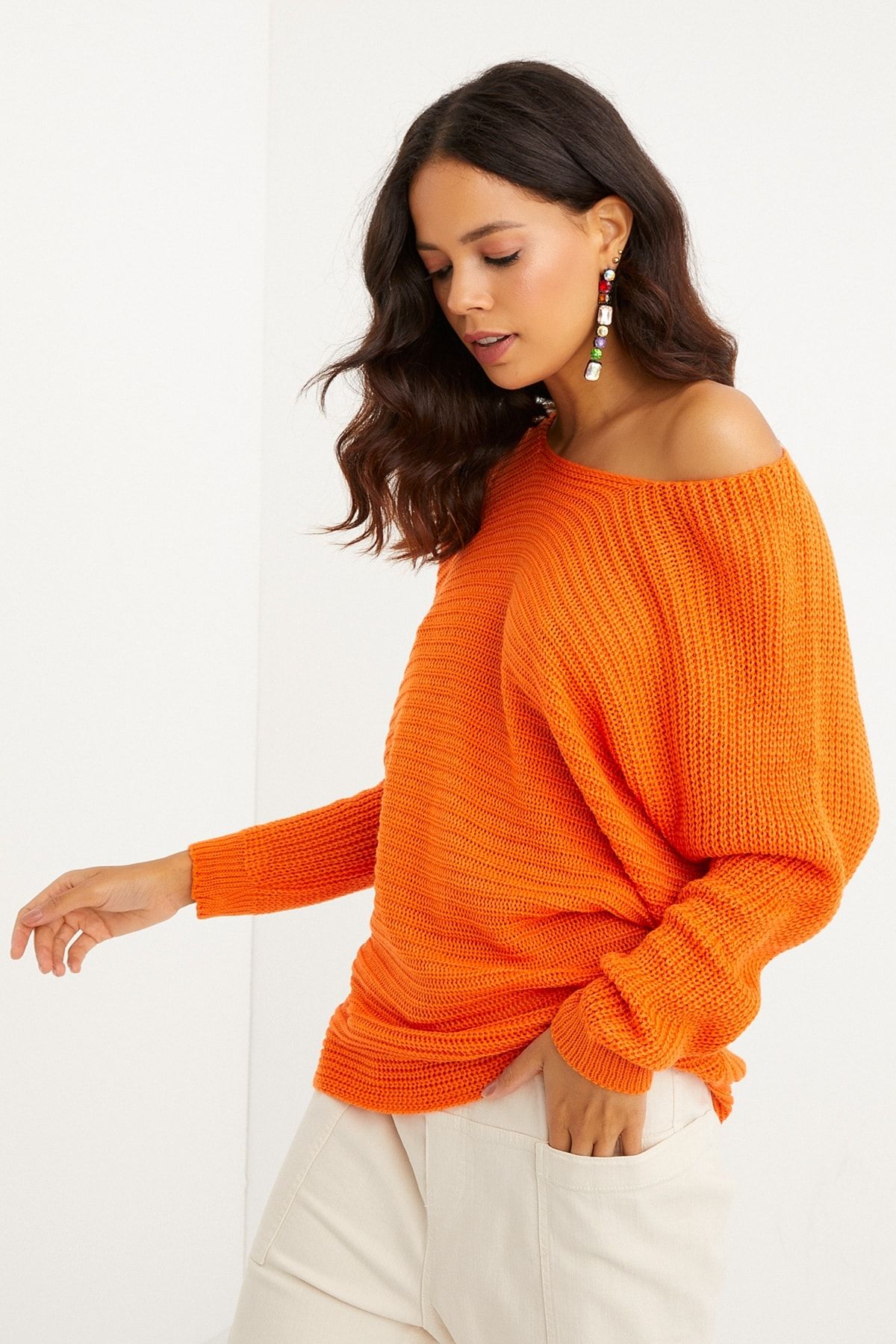 Off the shoulder orange sweater hotsell