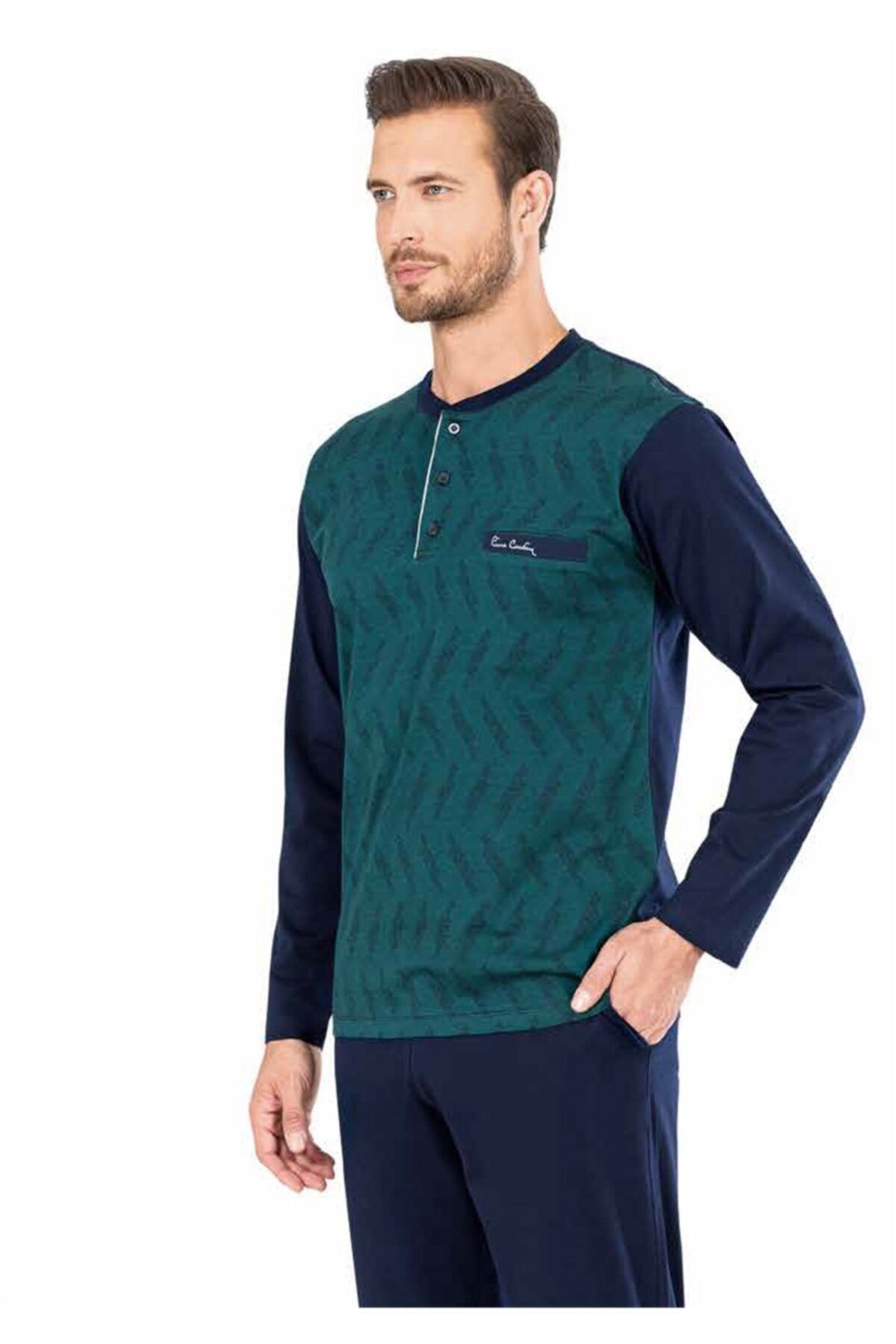 ست پیژامه سبز مردانه لباس خواب ژاکارد آستین بلند 5471 Pierre Cardin