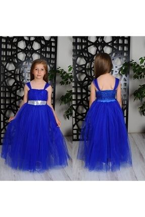 Kız Çocuk Saks Mavisi Uzun Pamuk Koza Elbise PERA100