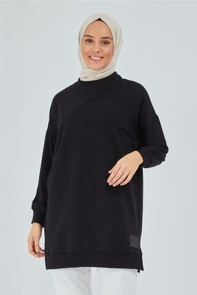 Yırtmaçlı Düz Renk Sweatshirt - Siyah ASWT0644SL