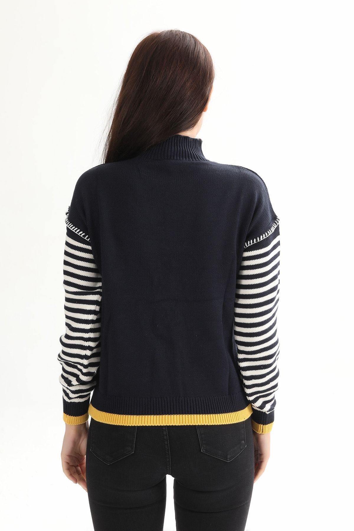 TopShop-Navy Blue Women's Sweater with Striped Sleeves 3