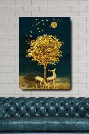 Dekoratif Soyut Altın Geyik Ve Ağaç Sürreal Kanvas Duvar Tablosu BLKGOLDSET7