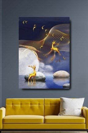 Dekoratif Soyut Altın Geyik Ve Kuşlar Sürreal Kanvas Duvar Tablosu BLKGOLDSET3