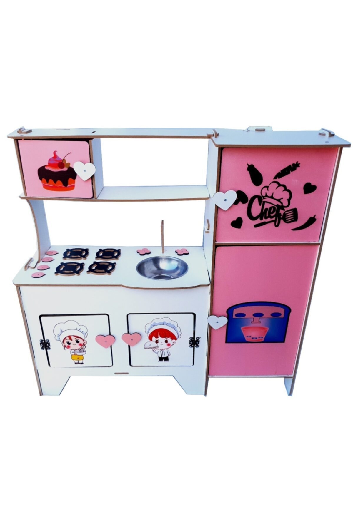WoodyLife Uv Çocuk Desen Montessori Buz Dolaplı Ahşap Oyuncak Çocuk Mutfak Seti