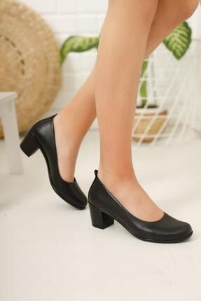 Hakiki Deri Siyah Kadın Günlük Klasik Topuklu Ayakkabı DD0910