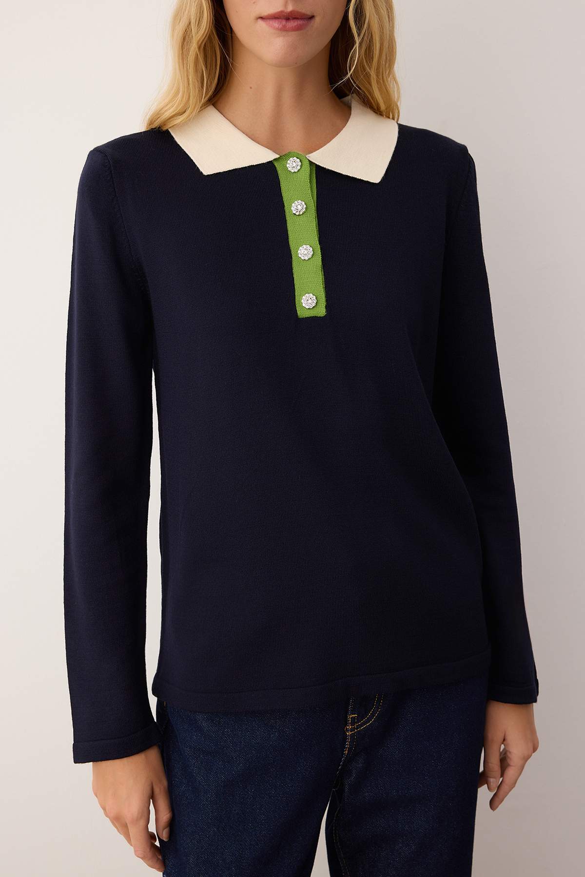 Trendyolmilla  Lacivert Polo Yaka Düğme Detaylı Triko Kazak TWOAW26KZ00196 - Görsel 3