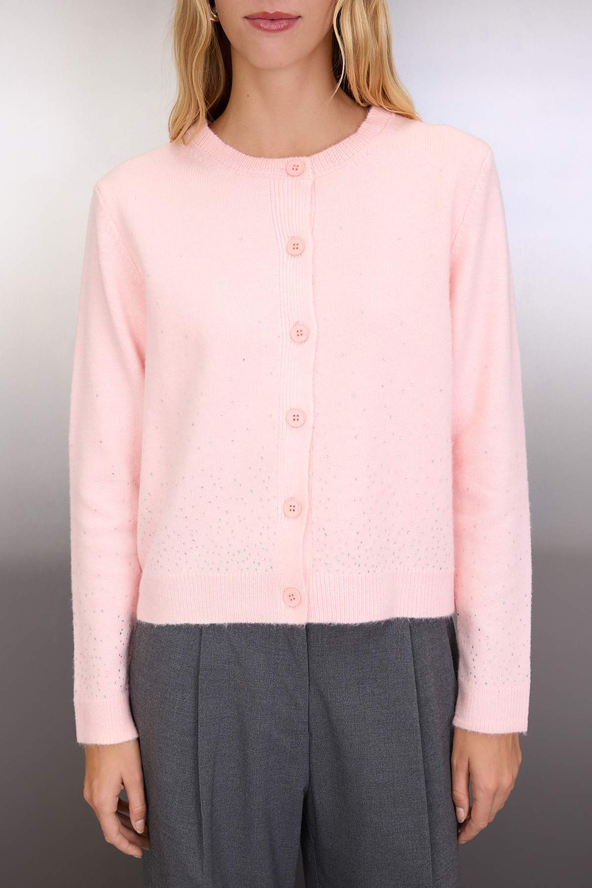 Trendyolmilla  Pudra Yumuşak Dokulu Taş İşlemeli Triko Hırka TWOAW26HI00247 - Görsel 3