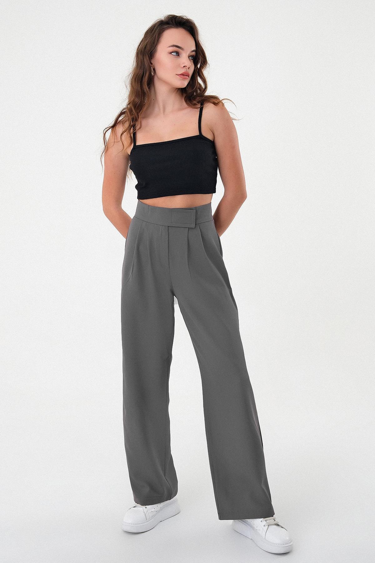 Hazel  Kadın Antrasit Yüksek Bel Cırtlı Palazzo Pantolon - Görsel 5