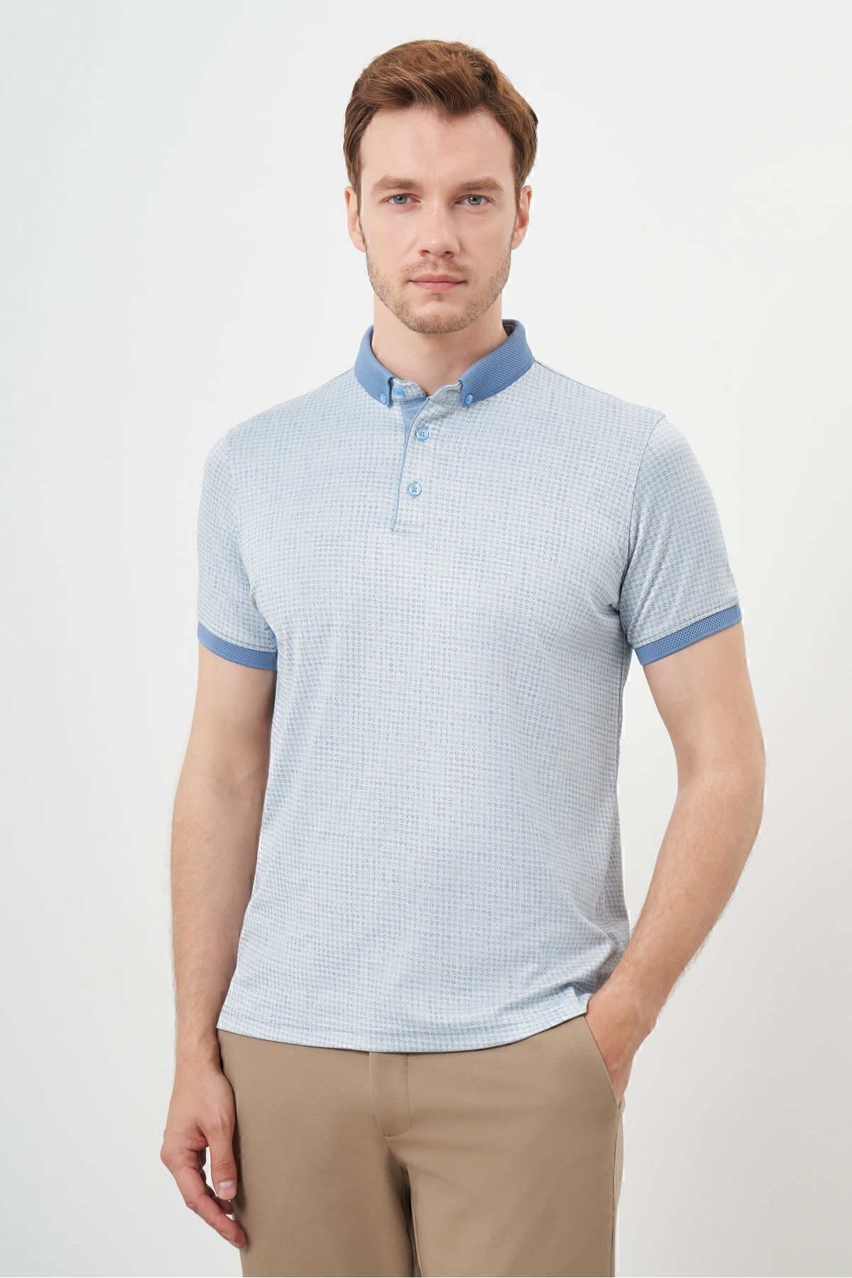 Morven-Men's A. Blue Trend Mercerized Jacquard Pattern Button-Down Collar Dynamic Fit T-Shirt 1