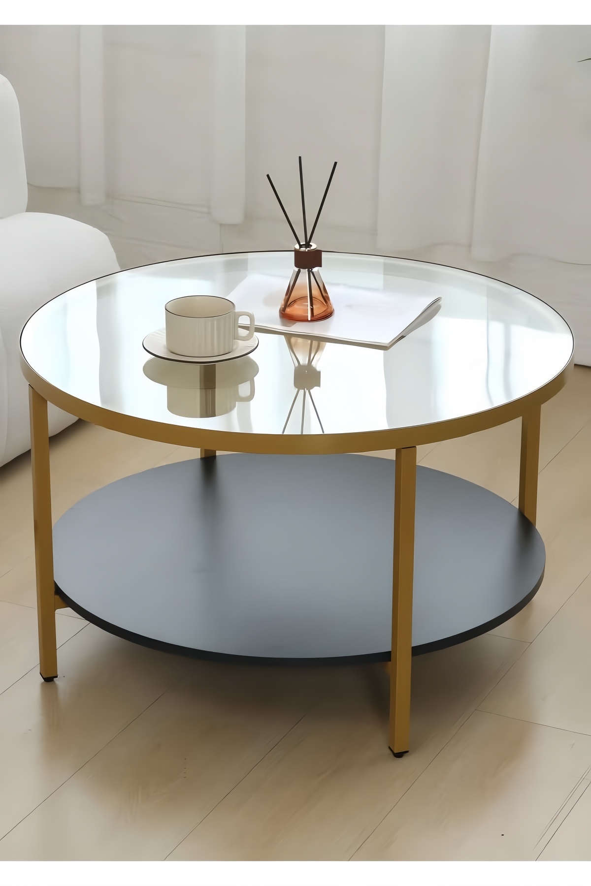 Domuik-2 Tier Glass Coffee Table, Round Large Center Table with Open Storage Shelf, Modern Side Tabl 1
