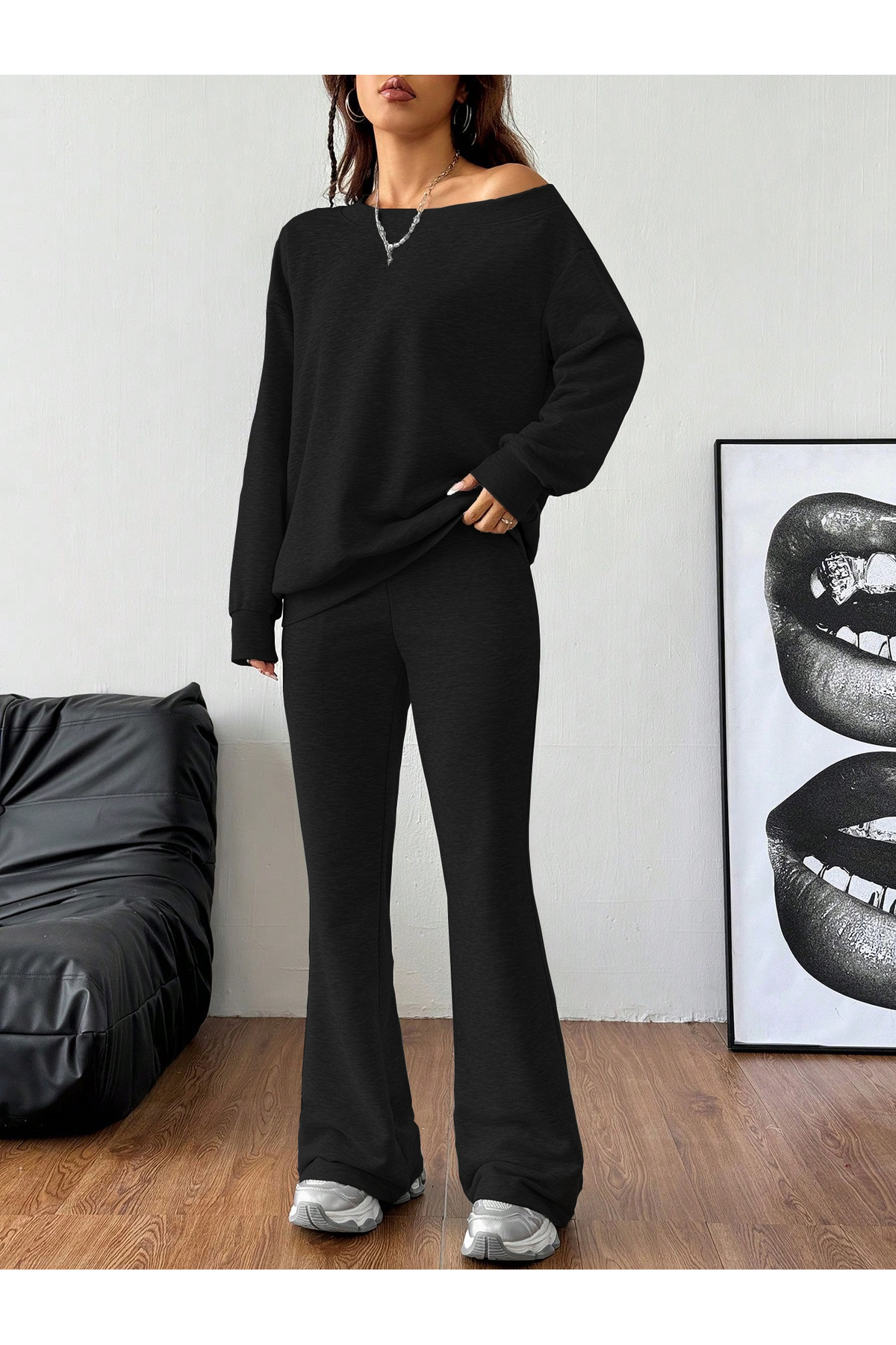 black wide neck high waisted flare trousers sweatshirt set