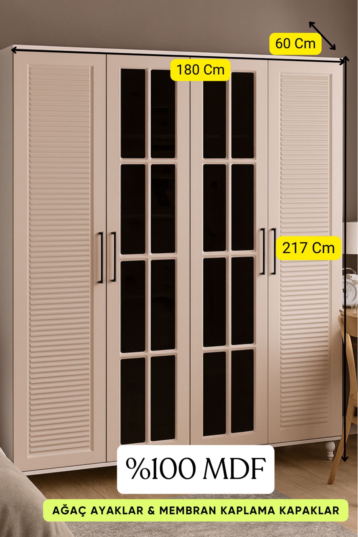 arionkids Masal 4 Kapaklı Dolap | %100 MDF Gövde | REHAU Kapaklar | Ağaç Ayaklar | Fonksiyonel ve Şık Tasarım fotoğrafı 2 (önizleme)