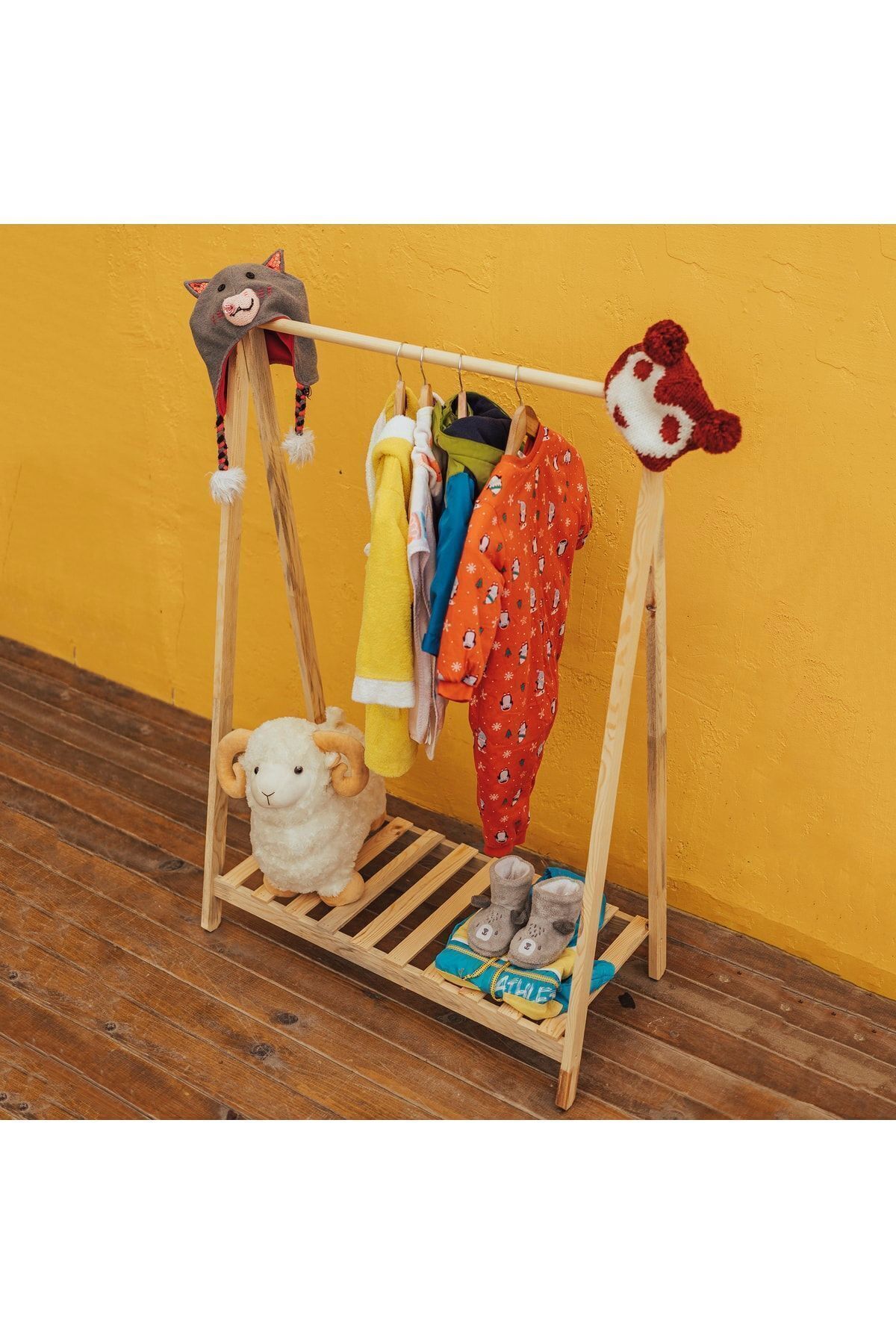pinoxi Ahşap Çocuk Askılık Dolap Gardırop Montessori Dolap %100 Çam fotoğrafı 2 (önizleme)