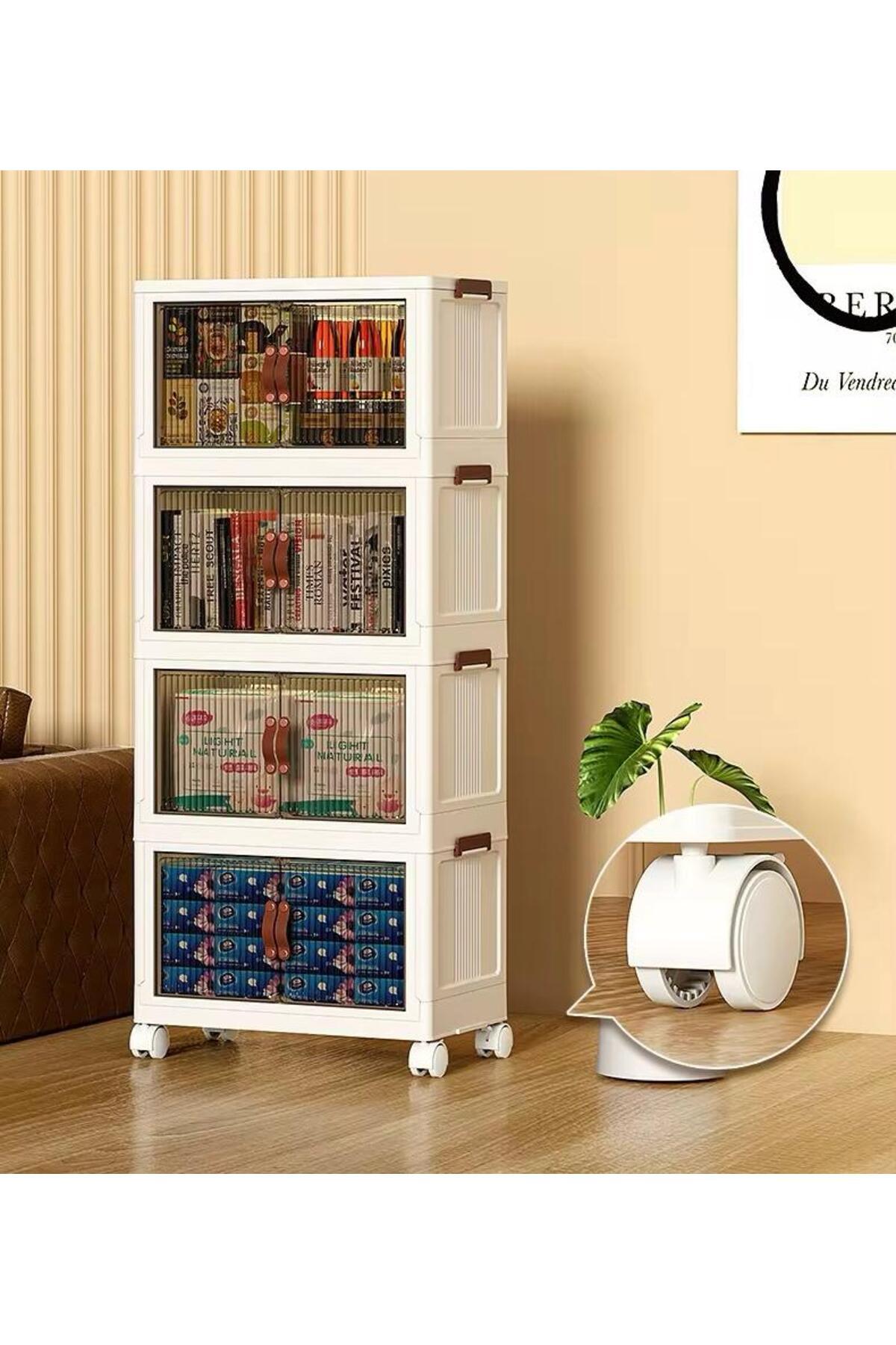 MOSTAFA-5-tier beige dotted wardrobe with wheels, brown silicone wardrobe handle, foldable, detachable and stackable 3