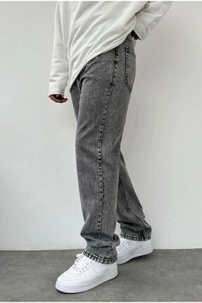 Cuqq Denim Erkek Asit Yıkama Gri Bol Paça Jean Kot Baggy Pantolon