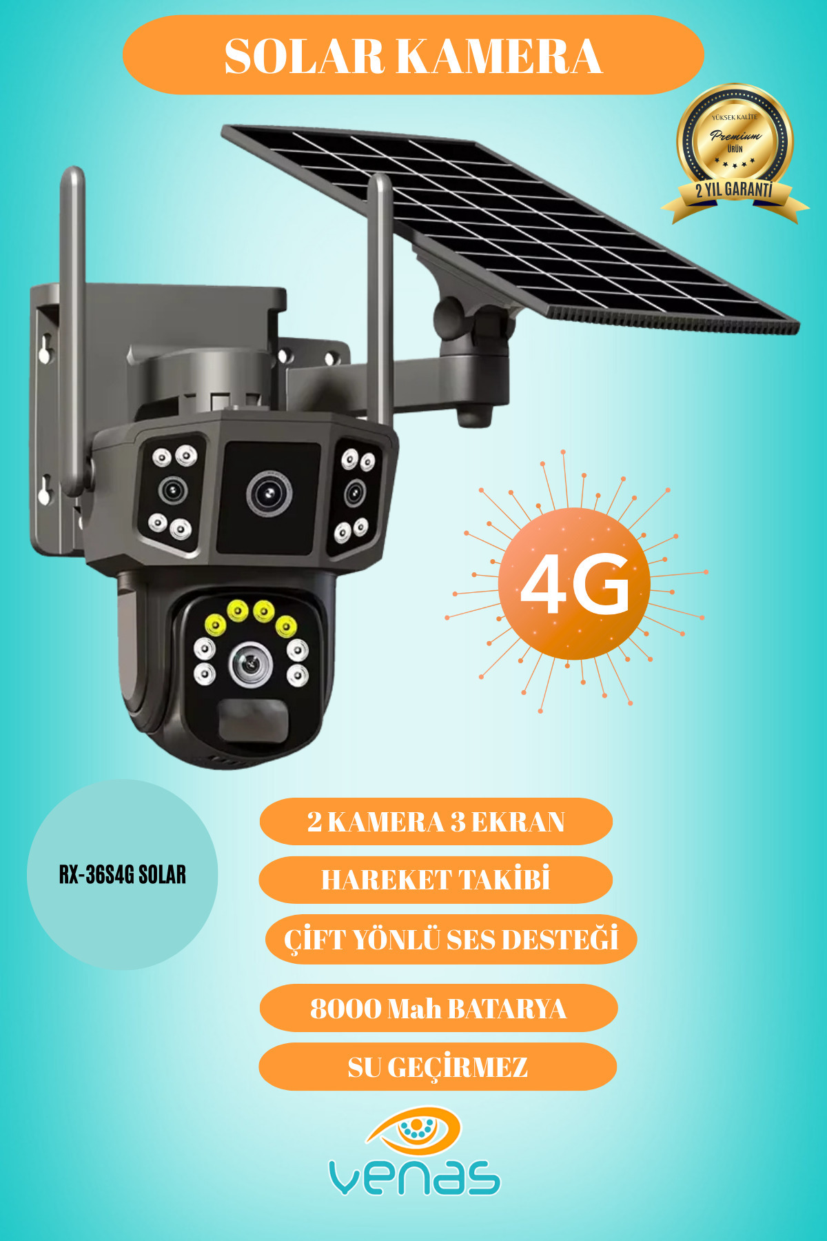 RADEX 4G Sim Kartlı Solar güneş Enerjili Full HD Çift Kameralı Extra ledli Akıllı Smart Güvenlik Kamerası