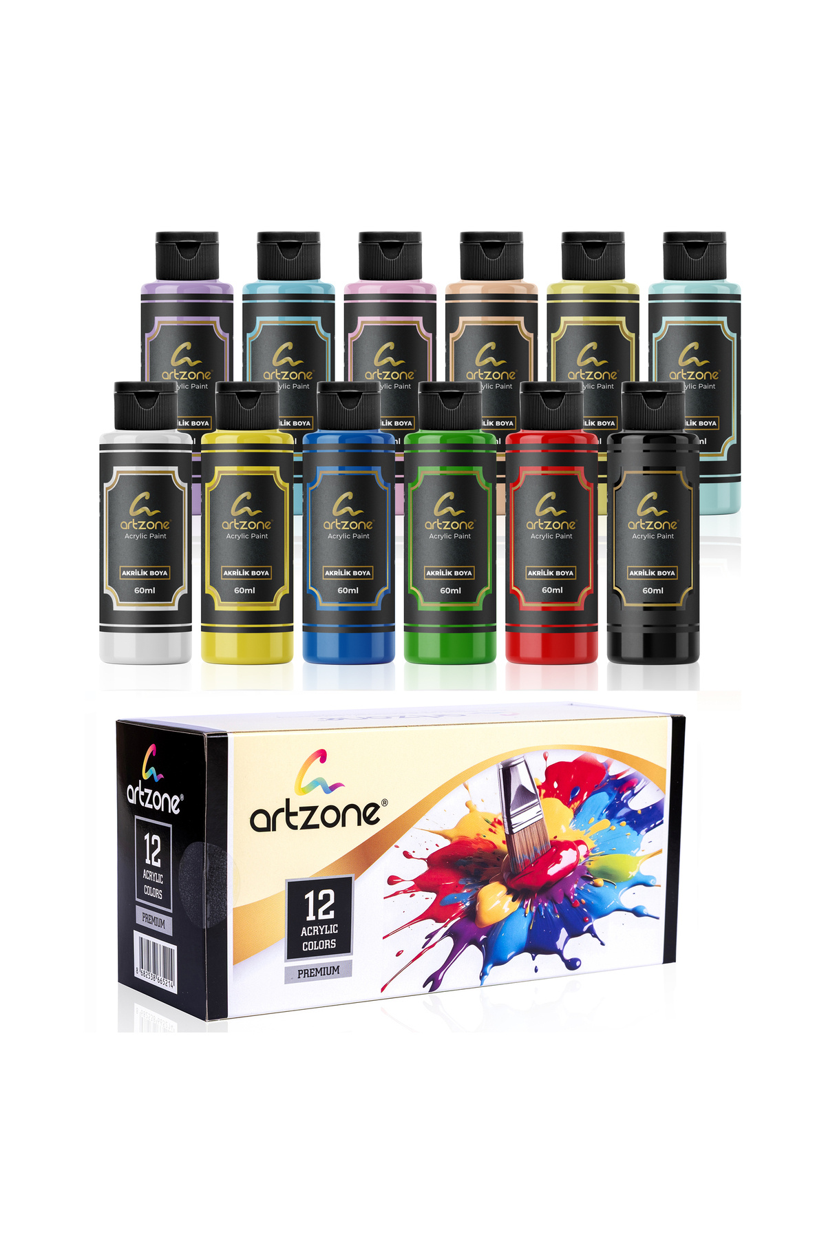 Artzone Akrilik Boya Seti 12 Renk x 60ml. Fırça ve Palet Hediyeli (Pastel ve Ana Renkler)