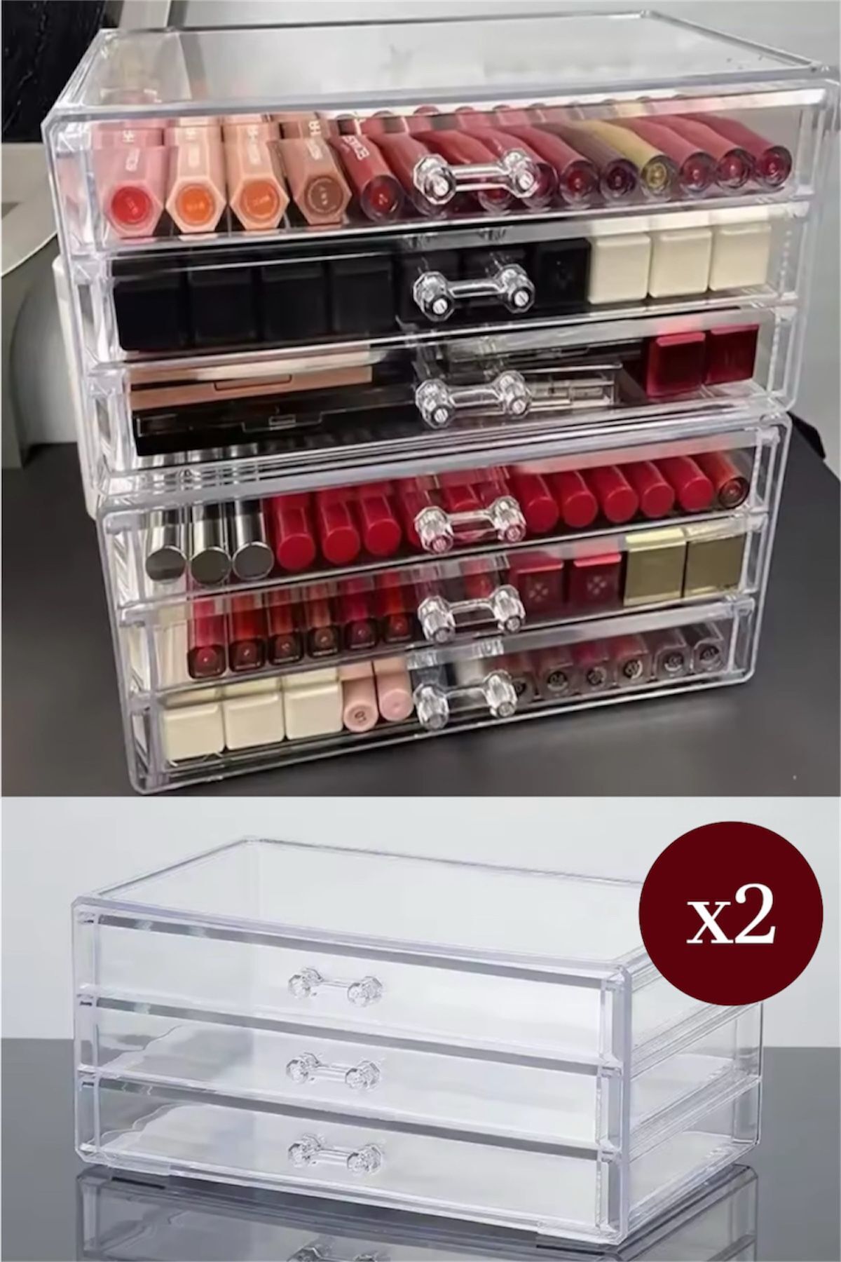 Bayev 2 Adet Şeffaf Dior 3 Çekmeceli Makyaj Organizeri Takı Düzenleyici Organizer