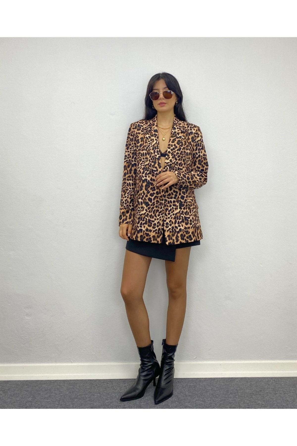 Kadın Leopar Oversize kruvaze Düğme Detaylı Ceket