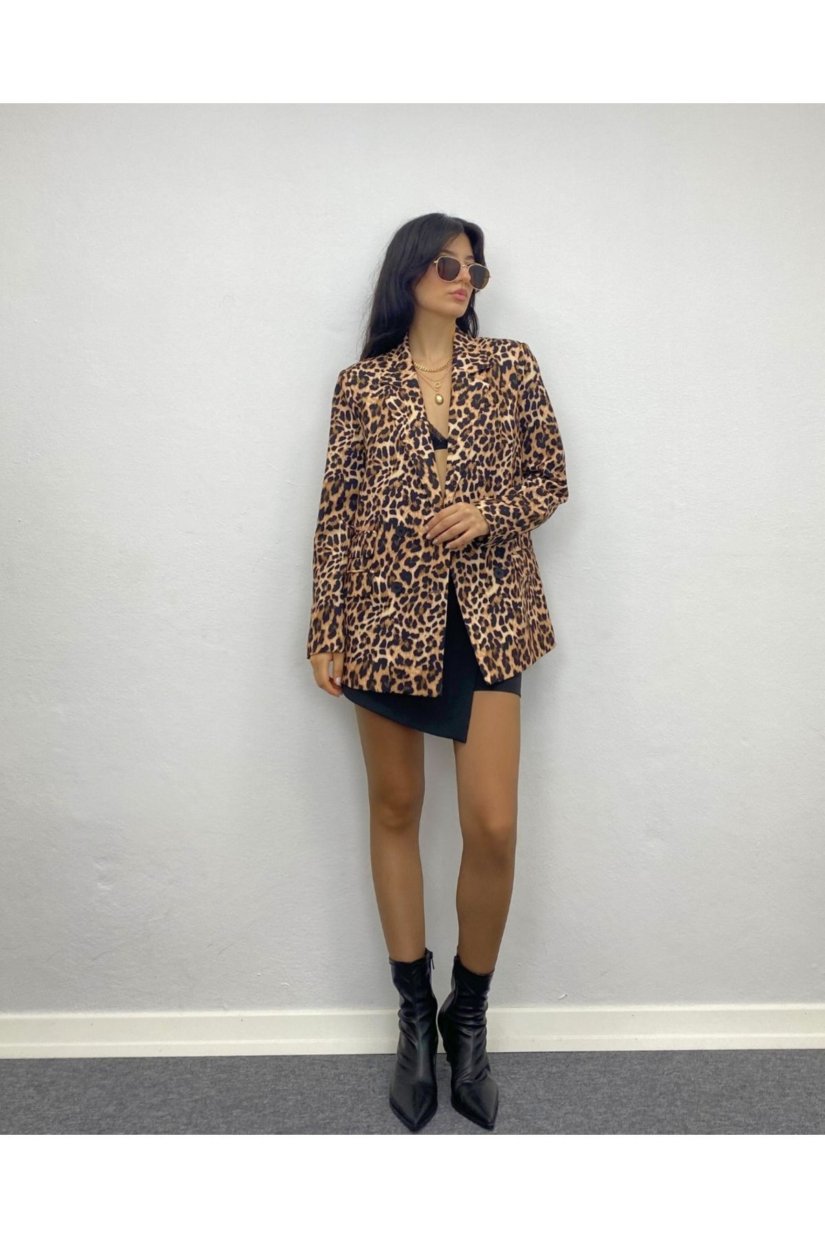 Kadın Leopar Oversize kruvaze Düğme Detaylı Ceket