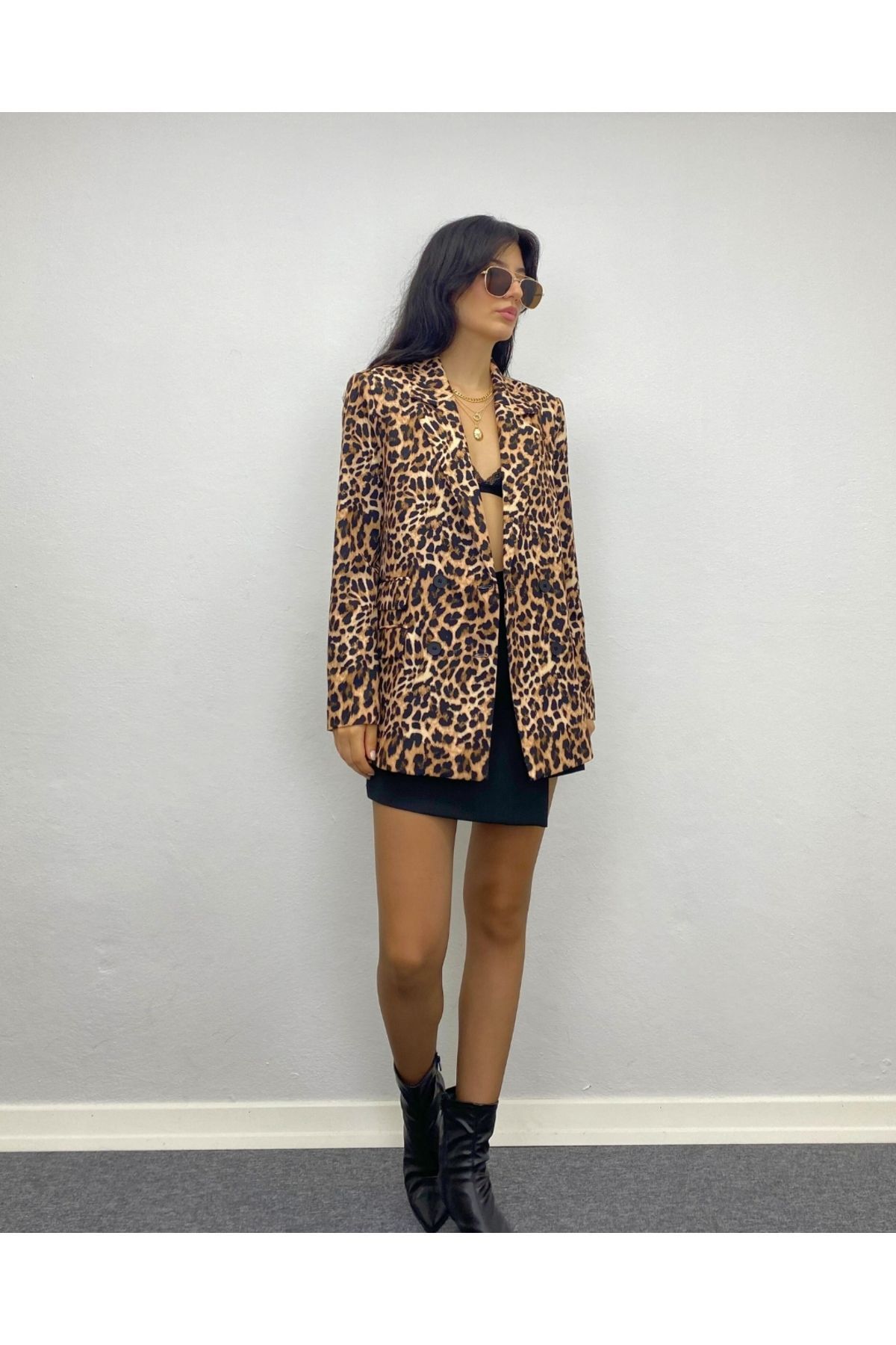 Kadın Leopar Oversize kruvaze Düğme Detaylı Ceket