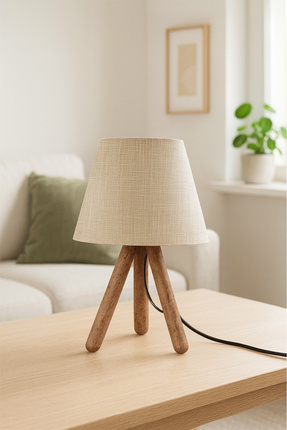 HOMİNG Tasarım Ahşap Üç Ayaklı Abajur Bej Desenli Ayd-1260