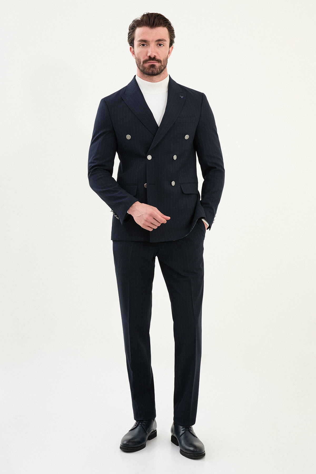 Mcr Çizgili Slim Fit Geniş Yaka Kruvaze Metal Düğmeli Erkek Takım Elbise Lacivert - 45408.25K görsel 3