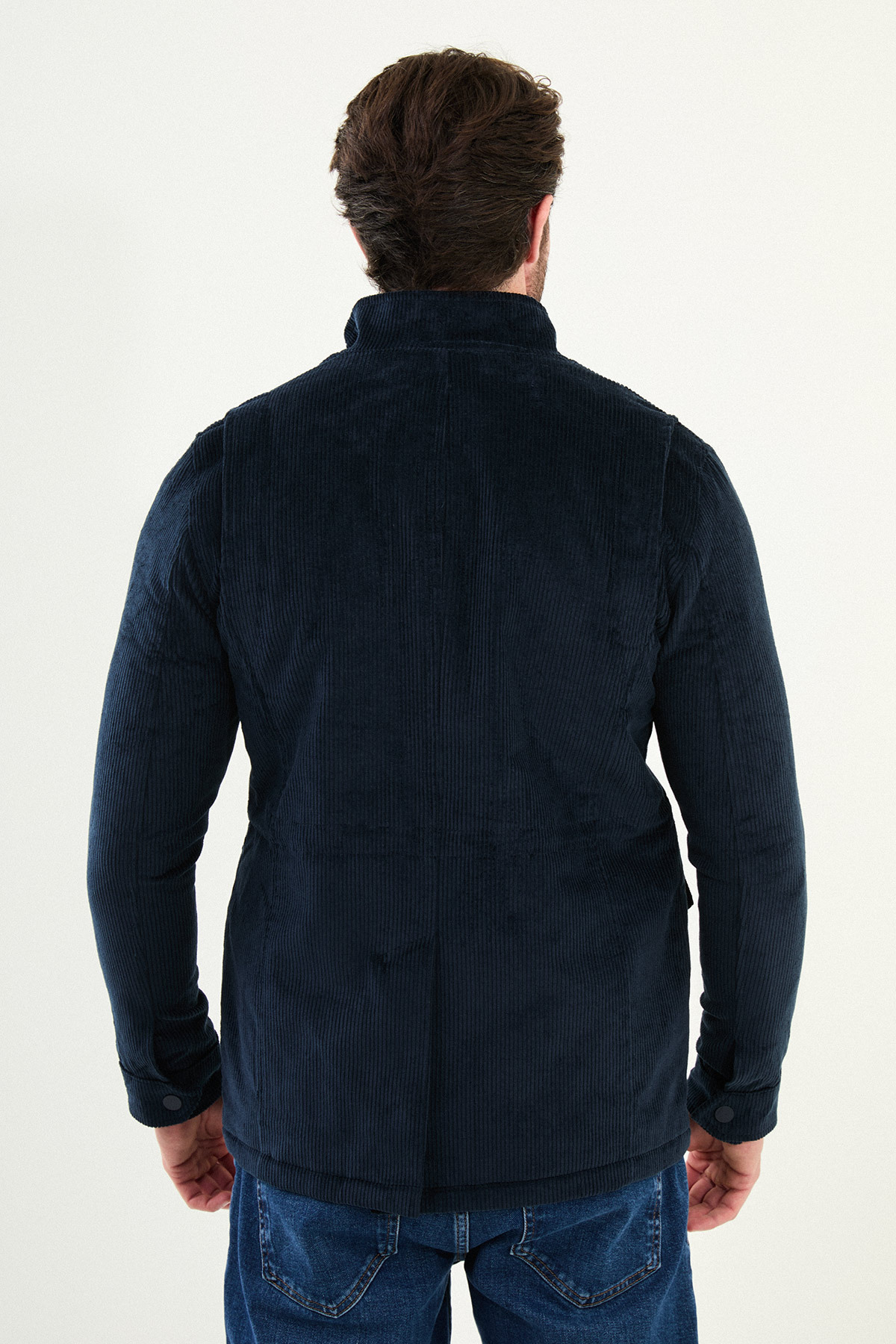 Çizgili Slim Fit Torba Cep Hakim Yaka Kadife Erkek Trenchcoat Lacivert - 21327.25K — رنگارنگ — تصویر 5 از 6