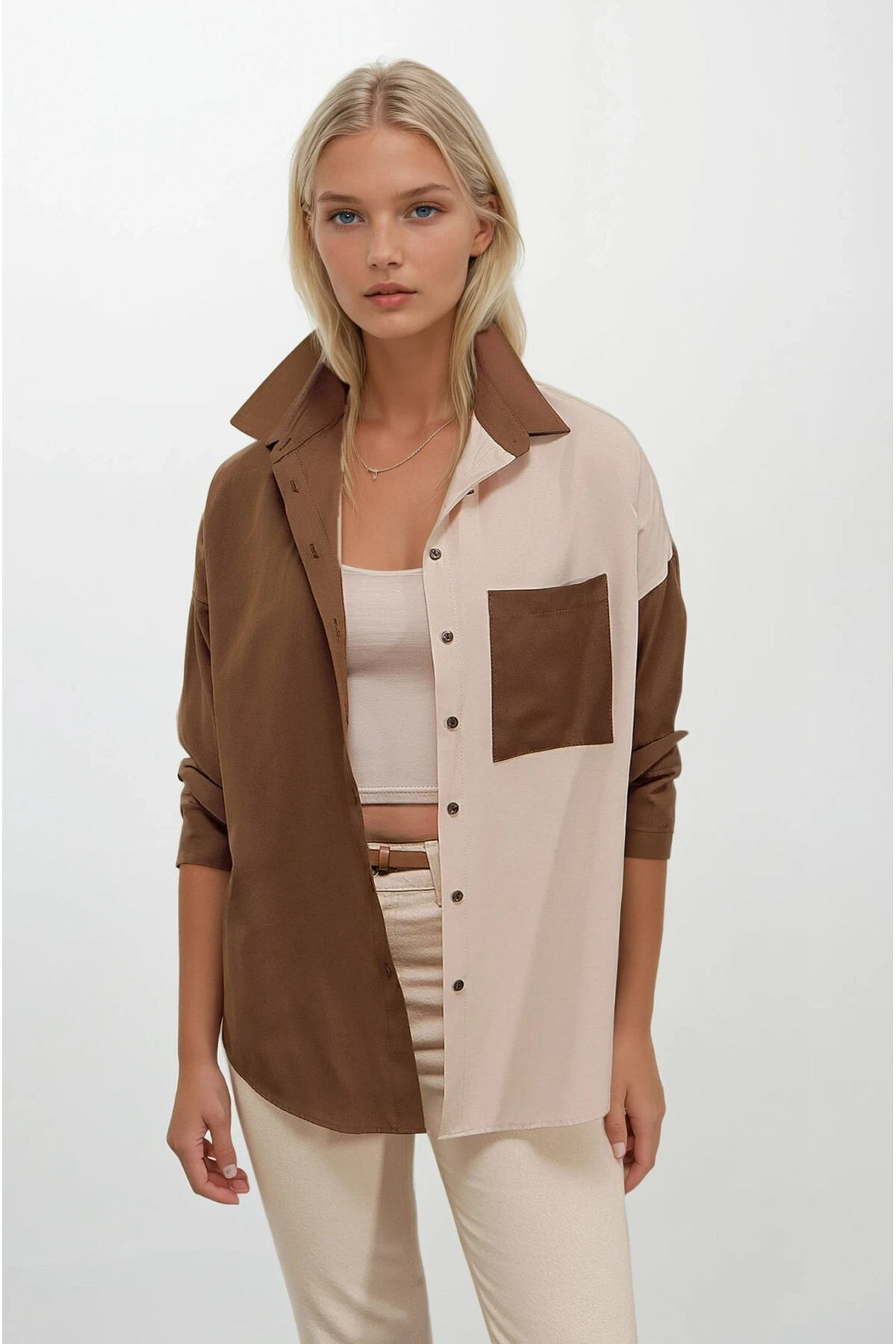 hazelin  Kadın Kahverengi Krem Renk Bloklu Poplin Basic Gömlek HZL22S-BD1201161 - Görsel 3