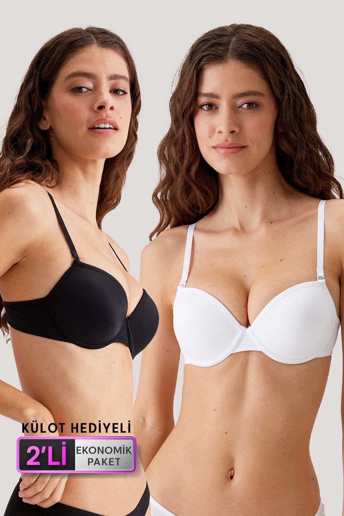 Pierre Cardin 2'li Ekonomik Paket Siyah-beyaz 6010 Madrid Balenli Dolgusuz Micro T-shirt Sütyen Seti Slip Hediyeli görsel 2