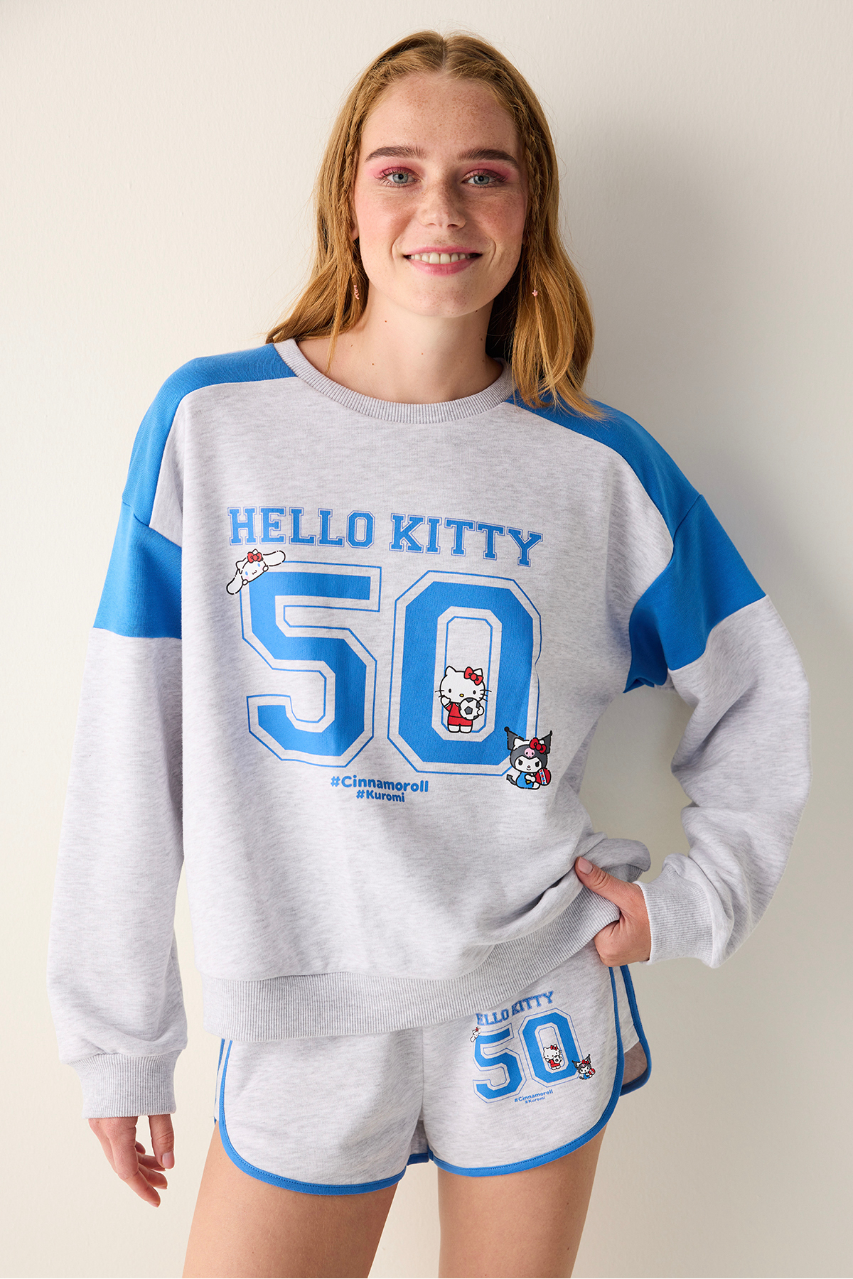Gray Melange Crew Neck Sanrio Print Sweatshirt