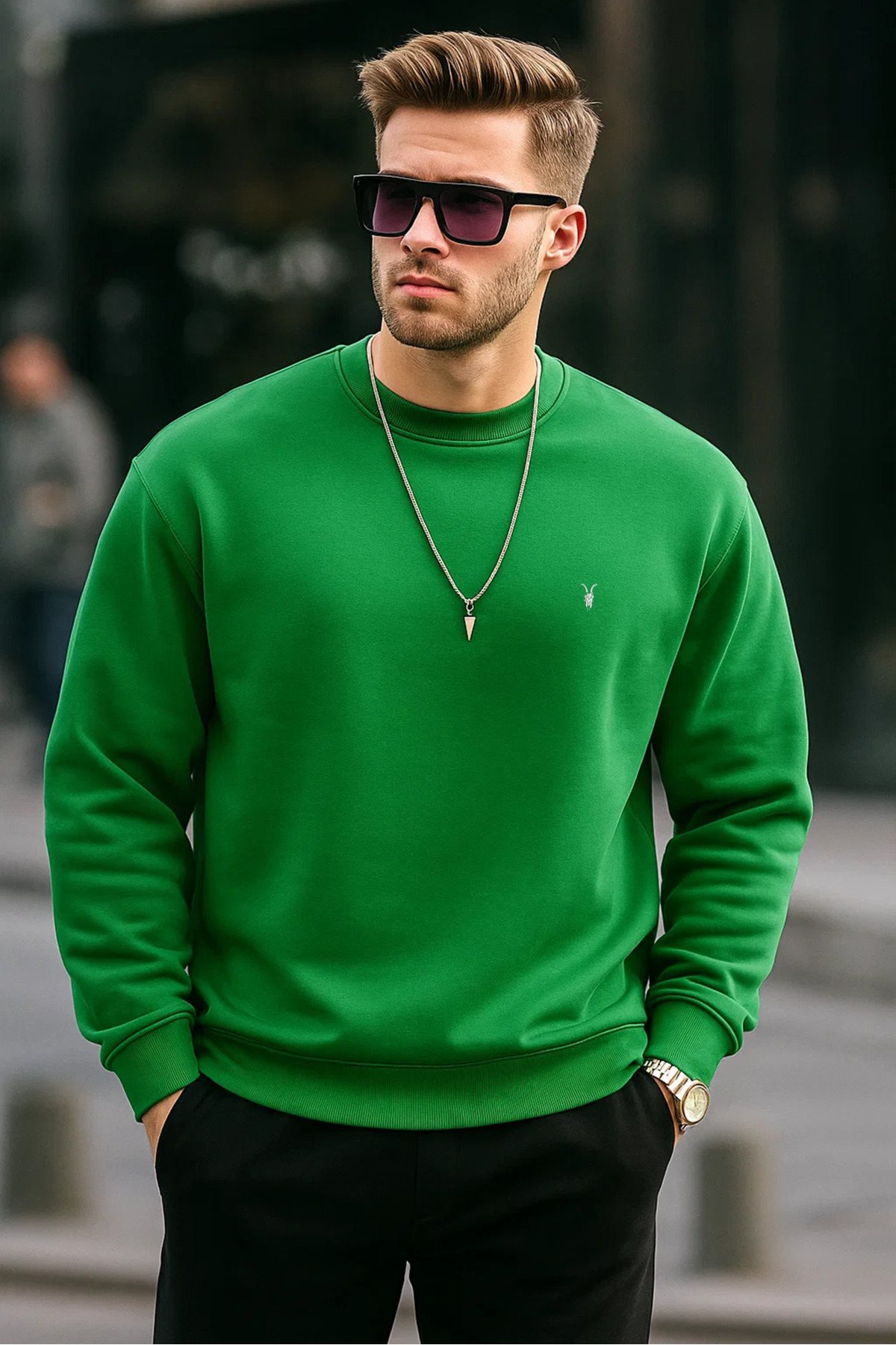COMBİNE MİCHAİL-Зелений колір Basic Crew Neck Relaxed Regular чоловічий світшот 2