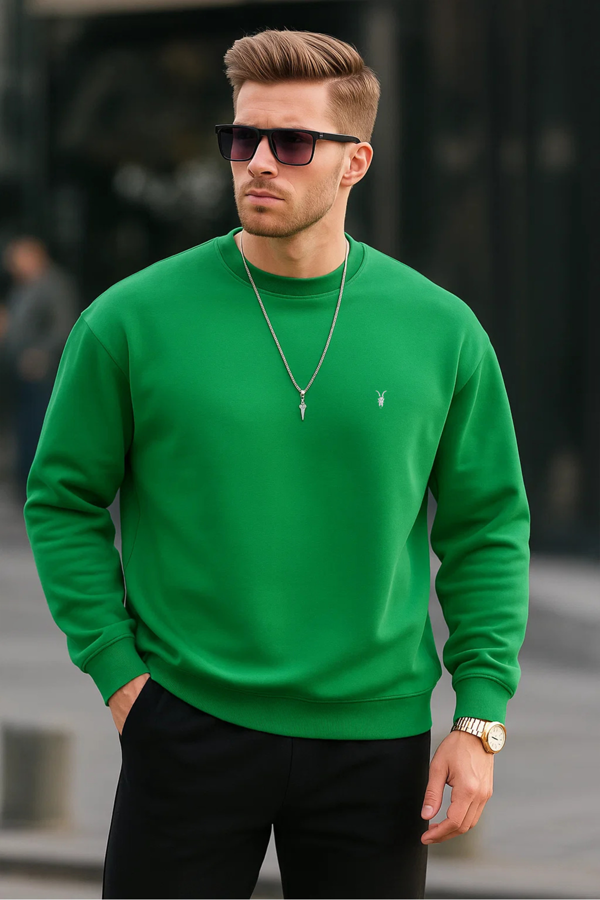 COMBİNE MİCHAİL-Зелений колір Basic Crew Neck Relaxed Regular чоловічий світшот 1
