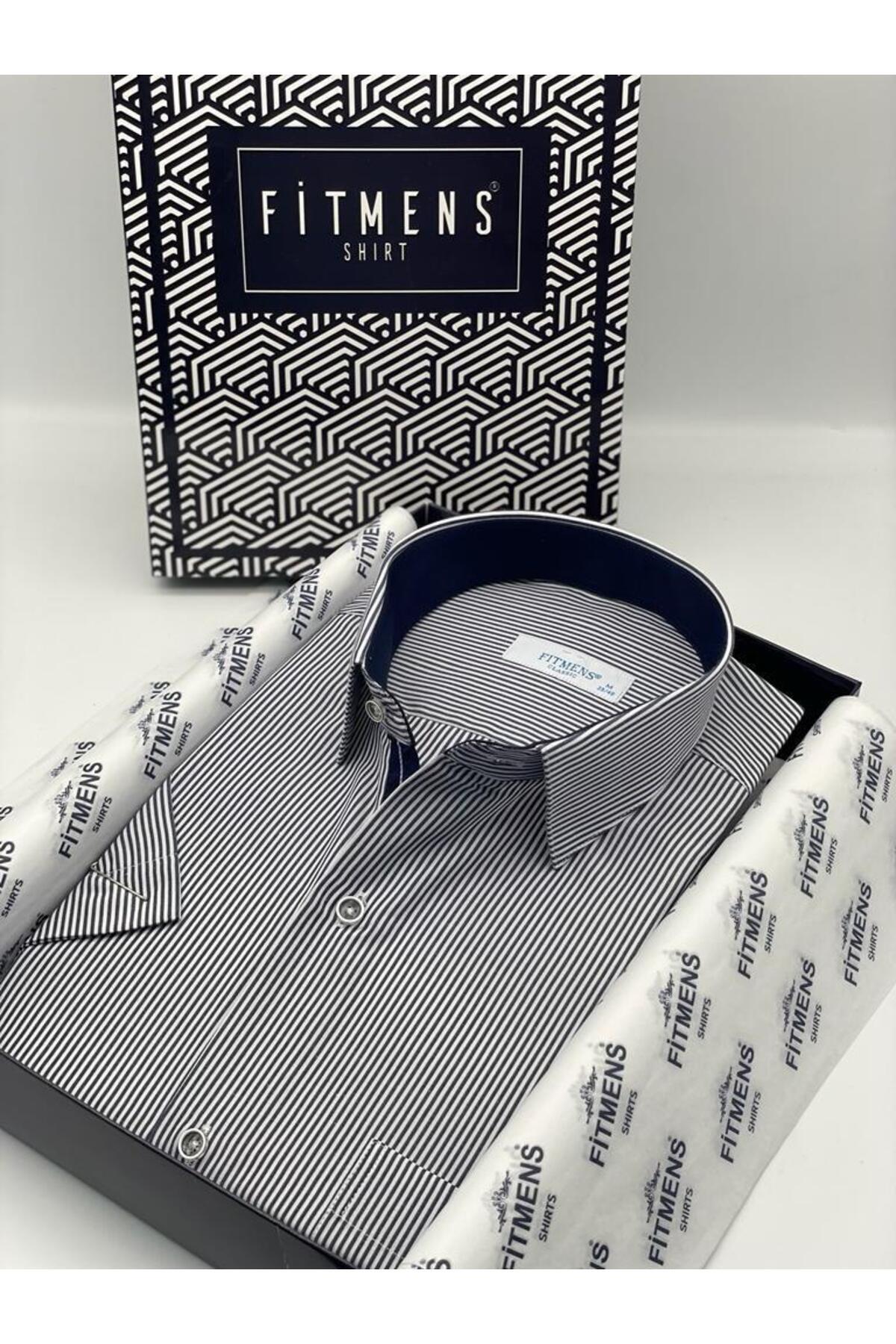 پیراهن مردانه کلاسیک آستین کوتاه راه راه با جعبه کادویی FS-003005 - سرمه‌ای  پیراهن Fitmens