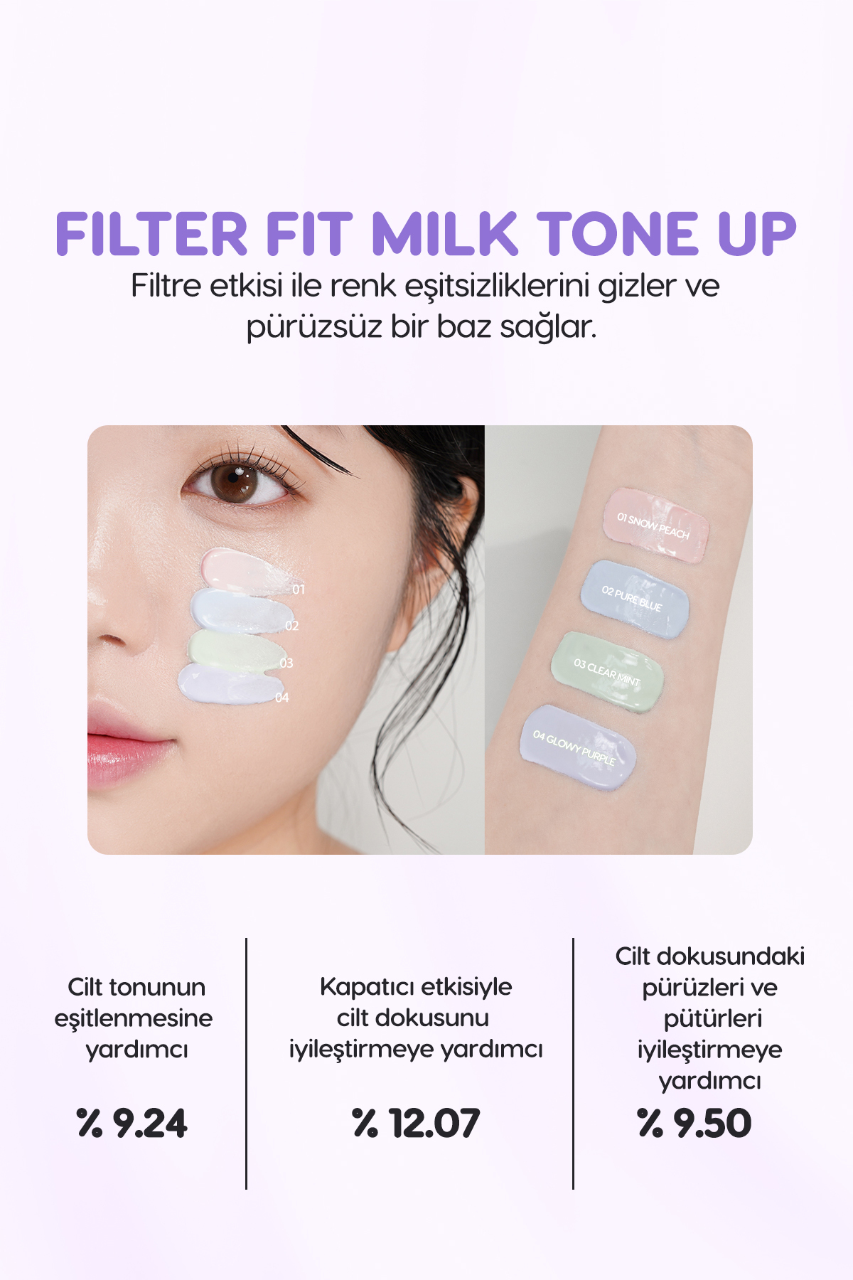 Işıltılı, Ton Eşitleyici Krem Filter Fit Milk Tone Up (004 Glowy Purple) SPF30 PA++ — بنفش 111593 — تصویر 5 از 9