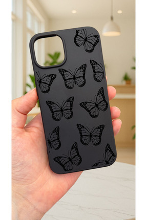 Vip Case iPhone 13/14 -SİYAH KELEBEK DESENLİ Silikon Darbe Emici Klasik Korum...