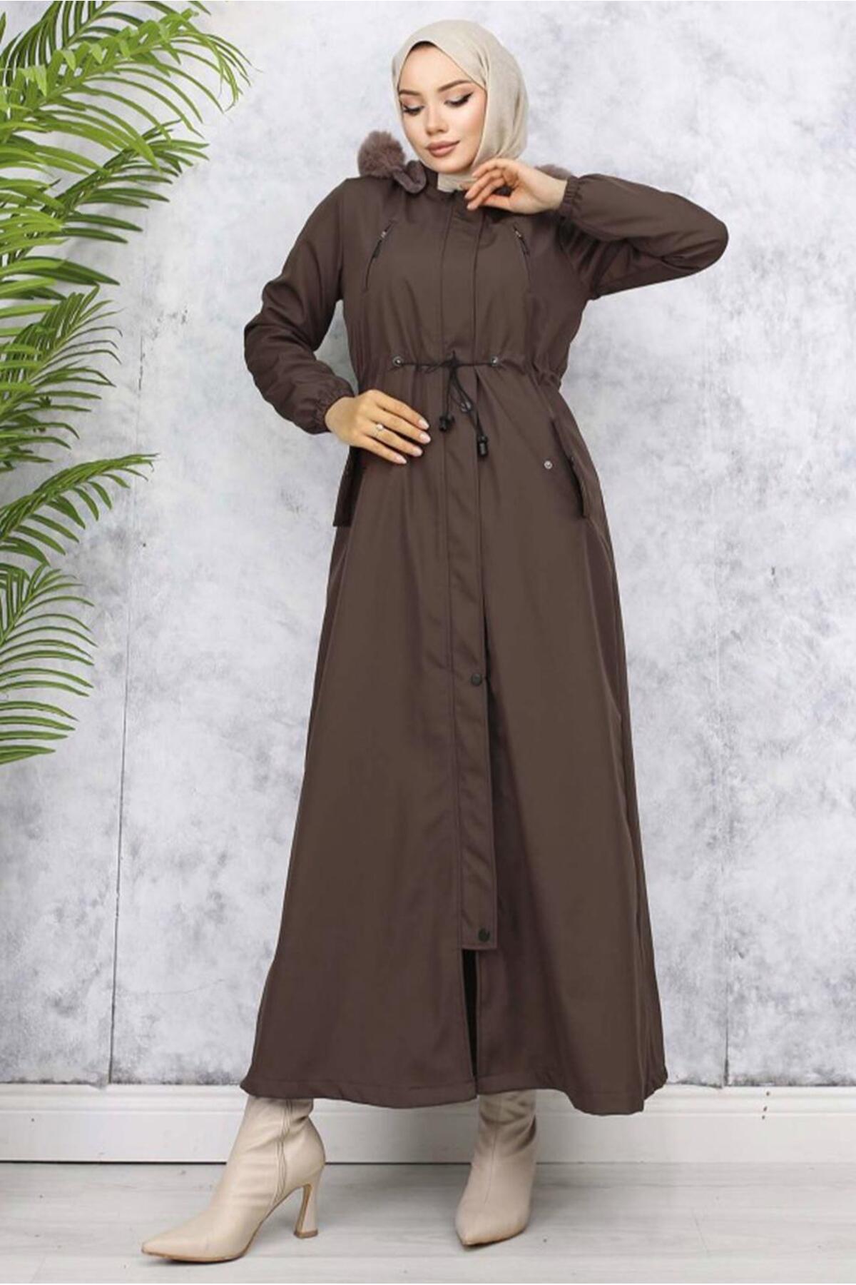 TRENDTESETTÜR  KADIN KAHVE KAPÜŞONLU MANTO T 0501 - Görsel 2